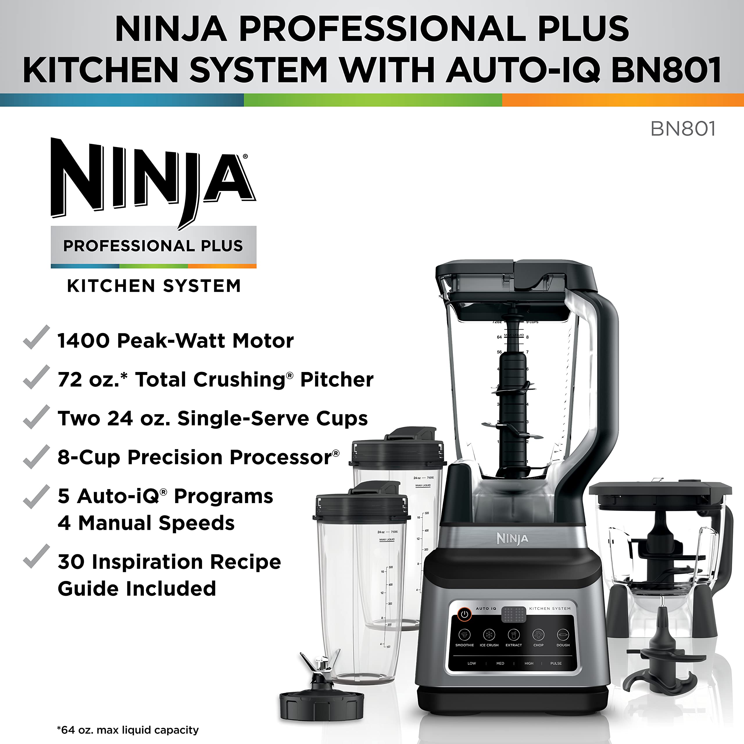 Ninja BN801 Professional Plus Kitchen System, 1400 WP, 5 Functions for Smoothies, Chopping, Dough & More with Auto IQ, 72-oz.* B