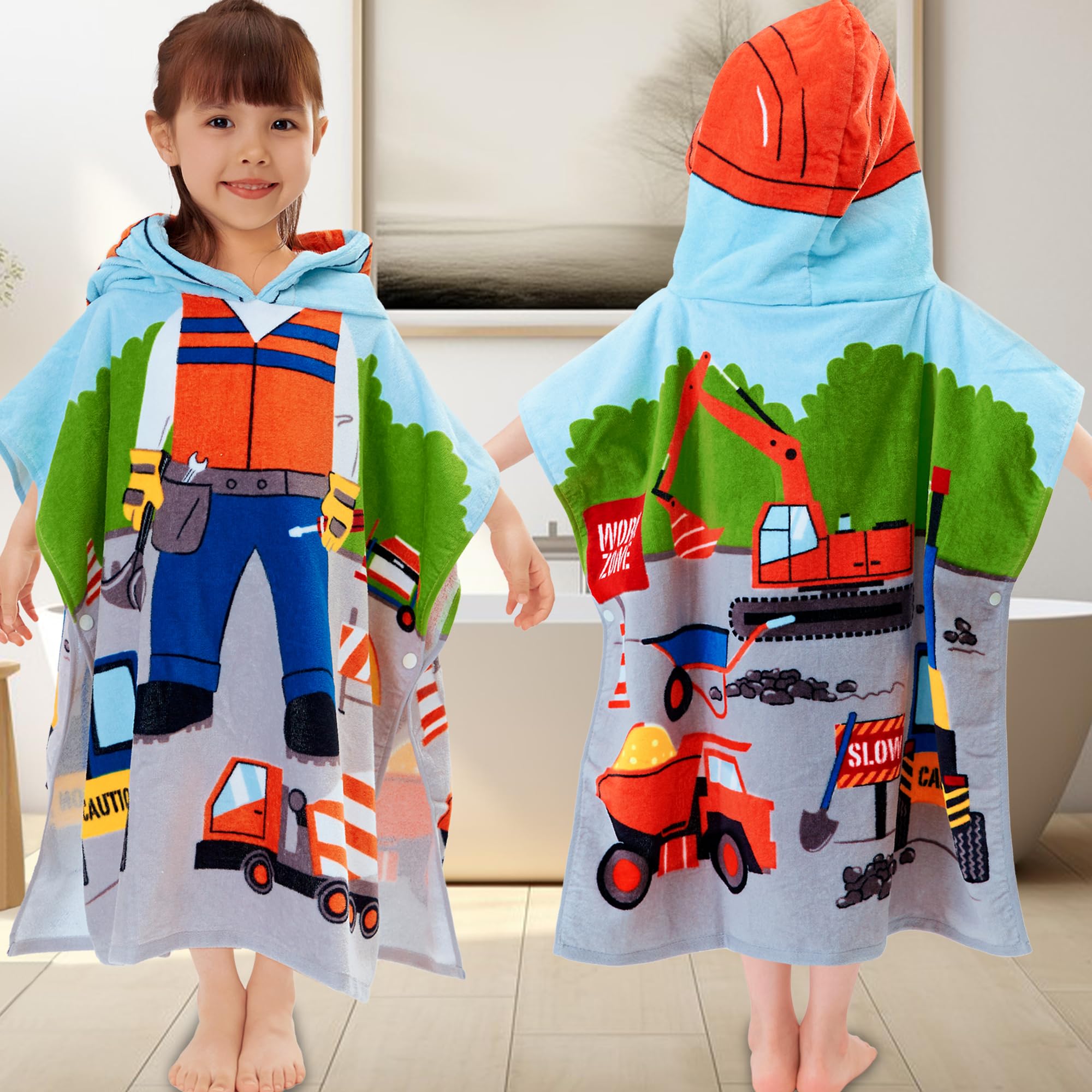 Voova  Movas Kids Beach Pool Towels With Hood, 48X24 Soft Cotton Bathrobe Poncho For Babys Toddlers 2 To 5T, Truck Work Zone The