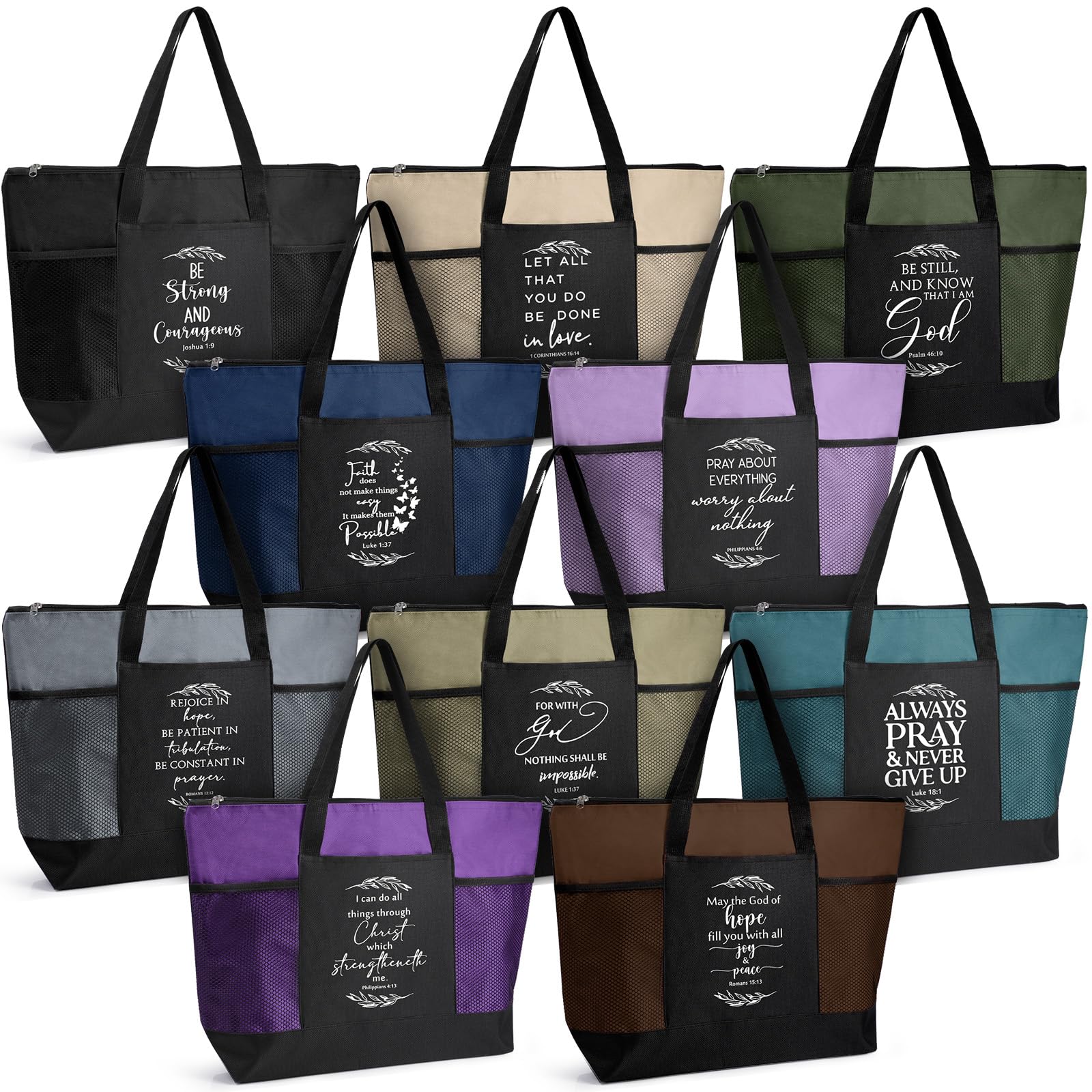 Paterr 10 Pcs Christian Tote Bags Bulk with Pocket Zipper for Women Religious Gifts Bags for Church Bible Study(Fresh Color,Simp