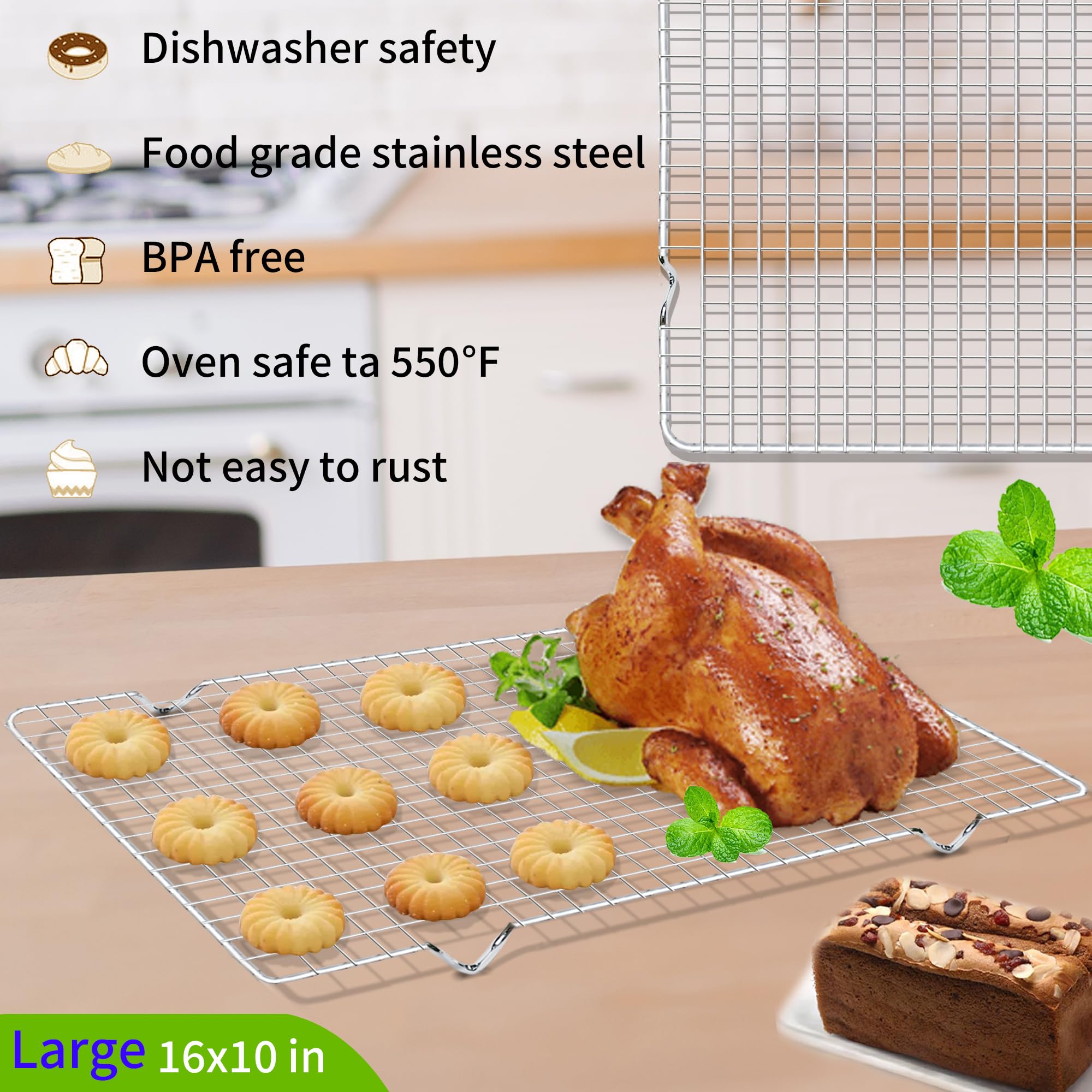Uouyoo Cooling Rack For Baking, Set Of 2 Stainless Steel, 16X10 Inches Baking Rack Oven Safe Grid Wire Racks For Roasting, Grill