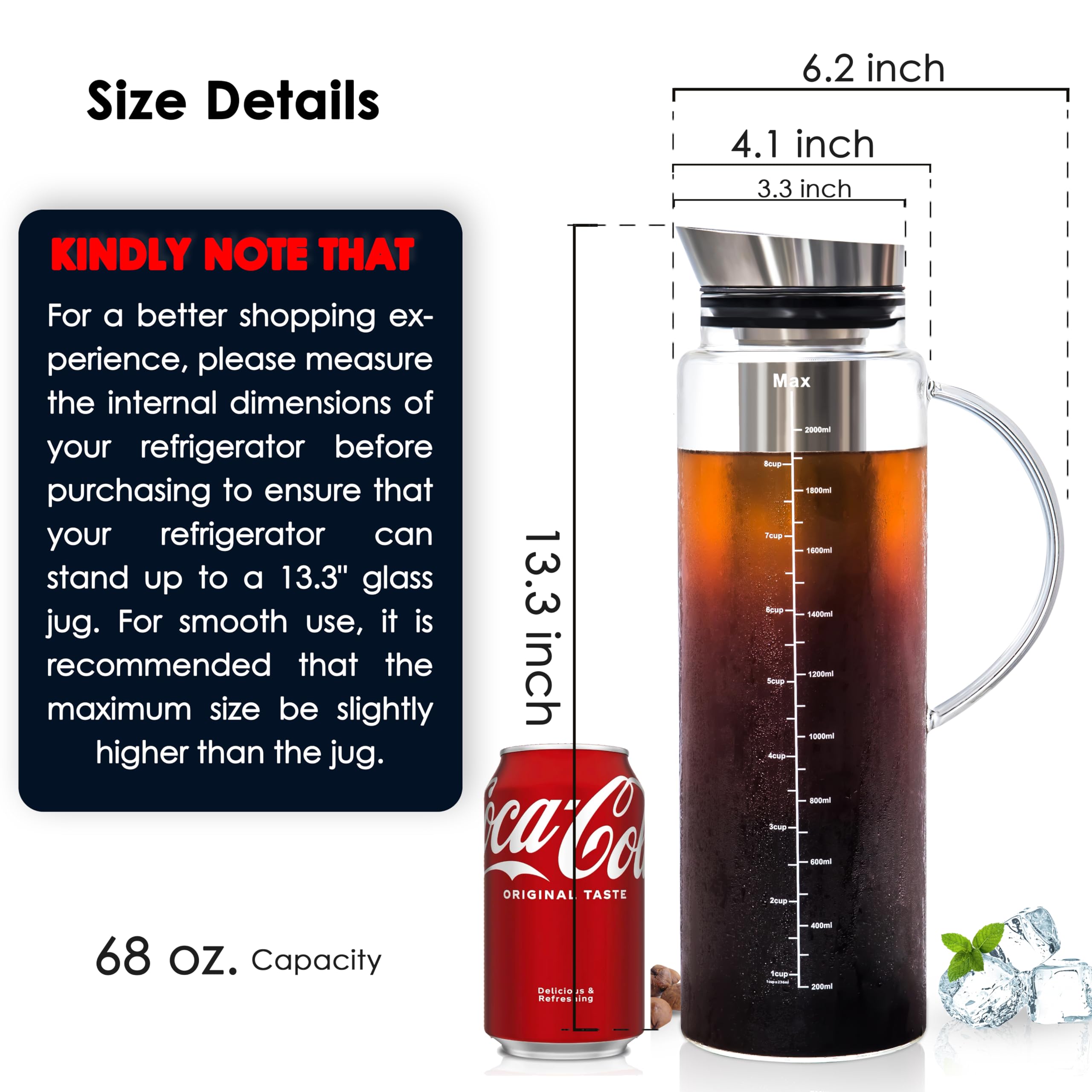 Aquach Cold Brew Coffee Iced Tea Maker & Fruit Pitcher - Large Capacity 68 Ounces - With Durable Glass Carafe/Fine Mesh Steel In