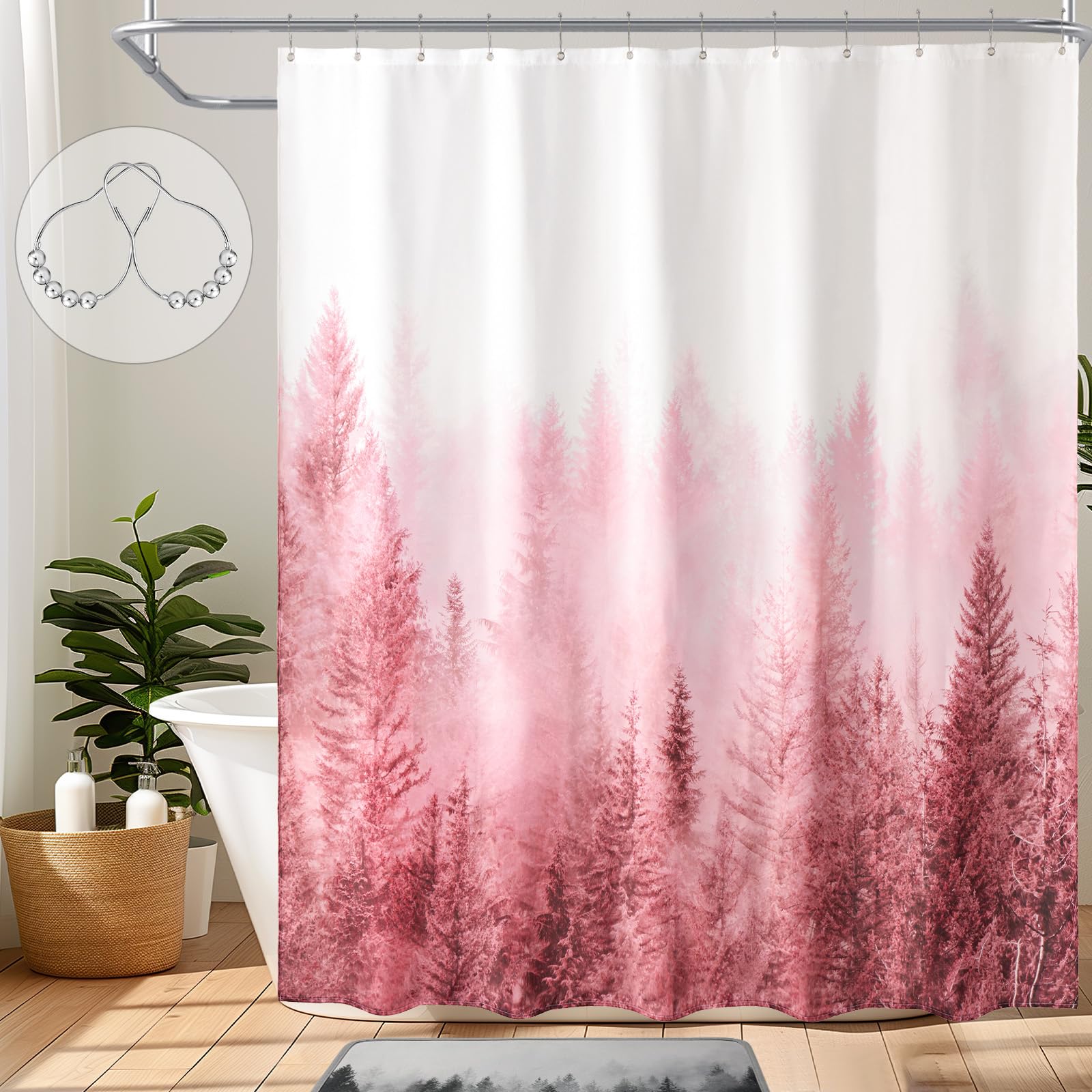 ORTIGIA Pink Misty Forest Shower Curtain for Bathroom, Nature Woodland Shower Curtain Set with Hooks, Decorative Pine Tree Fog M