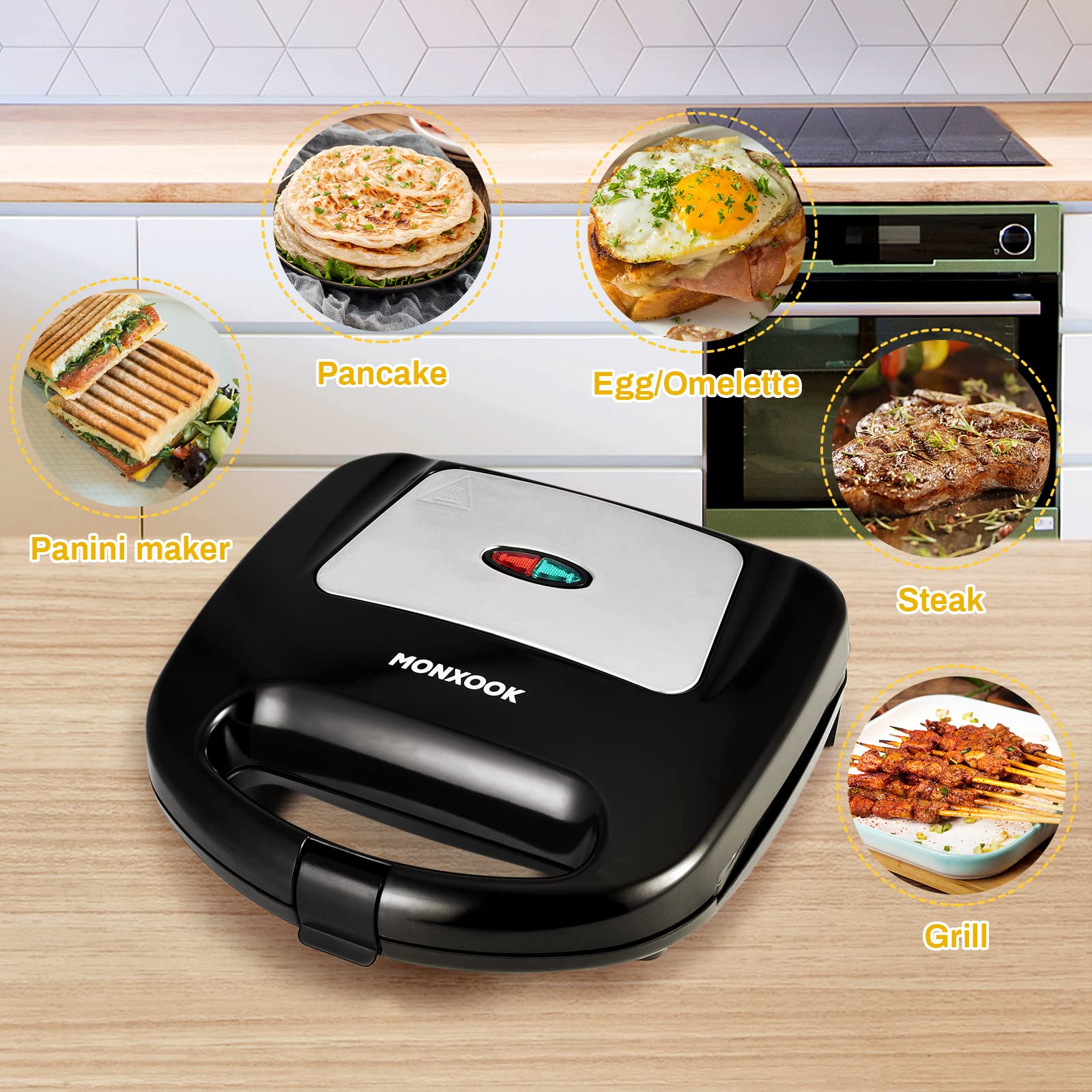 Monxook Electric Panini Press, 750W Sandwich Press, Non-Stick Coated Plates 8.46Inx4.92In, Panini Press Sandwich Maker With Indi