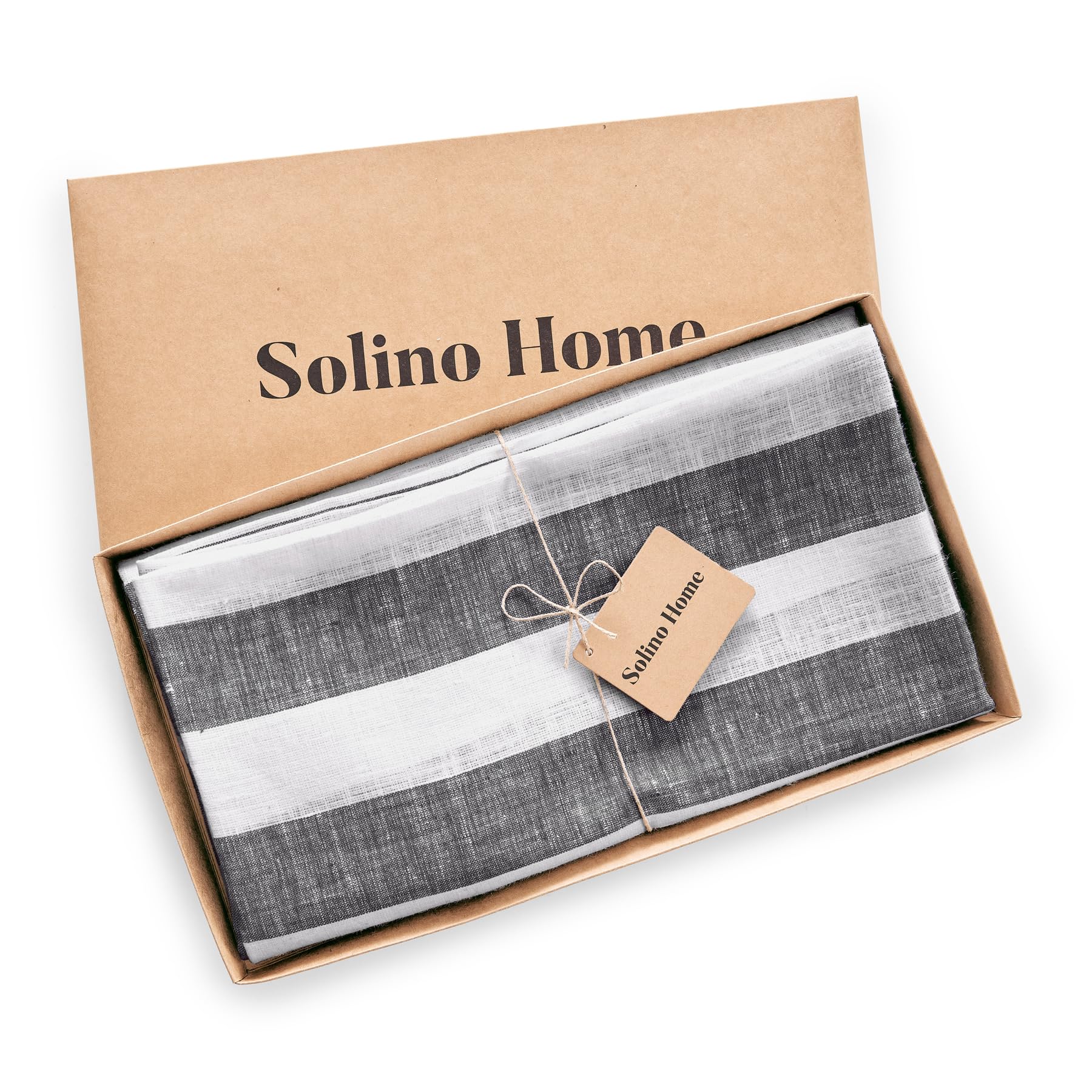 Solino Home Cabana Stripe Linen Round Tablecloth 70 Inch Diameter - 100% Pure Linen Black And White Tablecloth For Spring, Easte