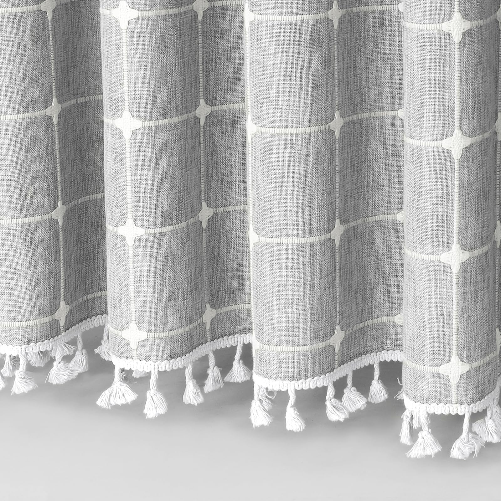 Mitovilla Grey Boho Extra Long Shower Curtain 72 X 84, Light Grey Modern Farmhouse 84 Inch Xl Cotton Linen Texture Tassel Fabric
