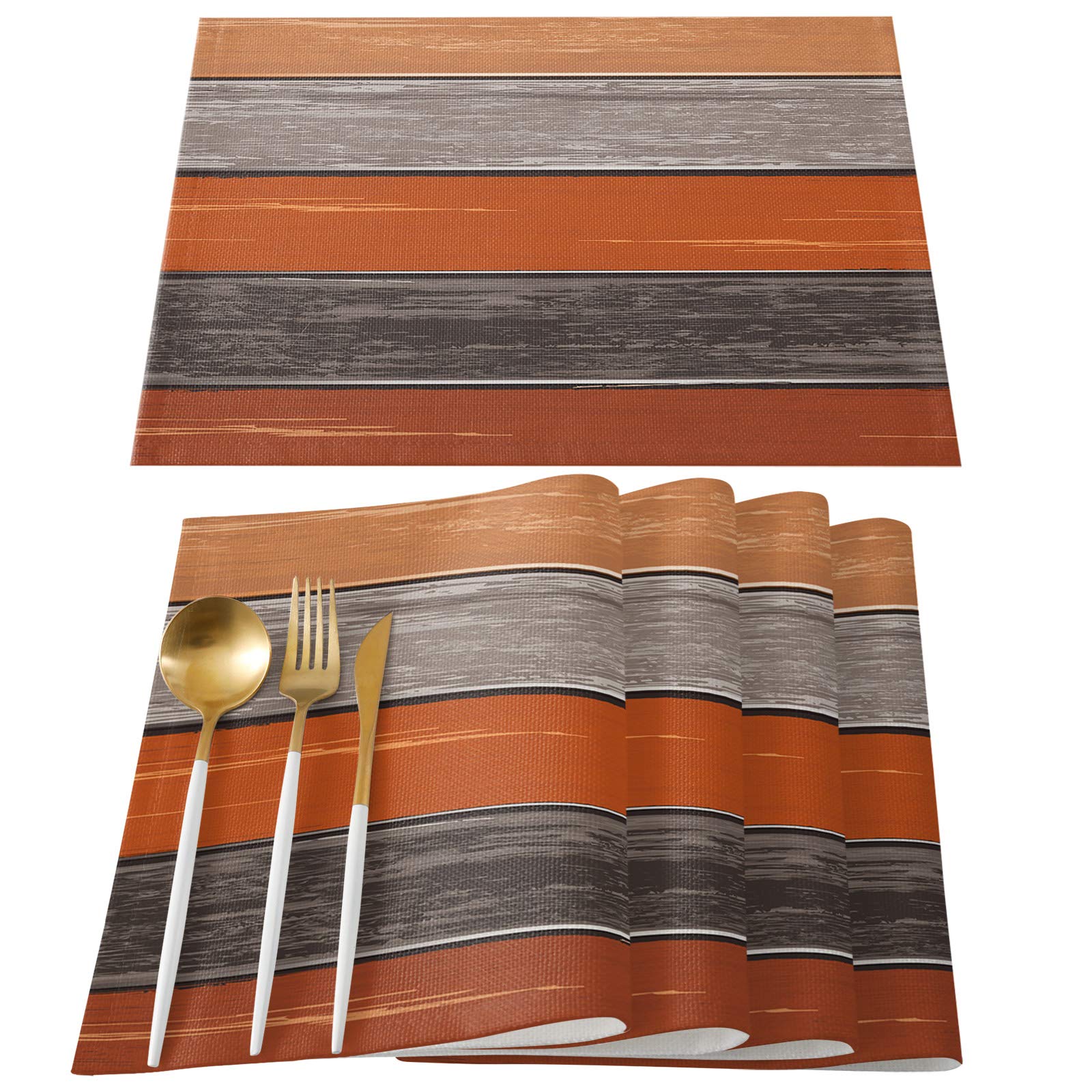 Farmhouse Fall Thanksgiving Placemats Set Of 4, Retro Rustic Barn Wood Texture Polyester Stain Resistant Table Mats Washable Pla