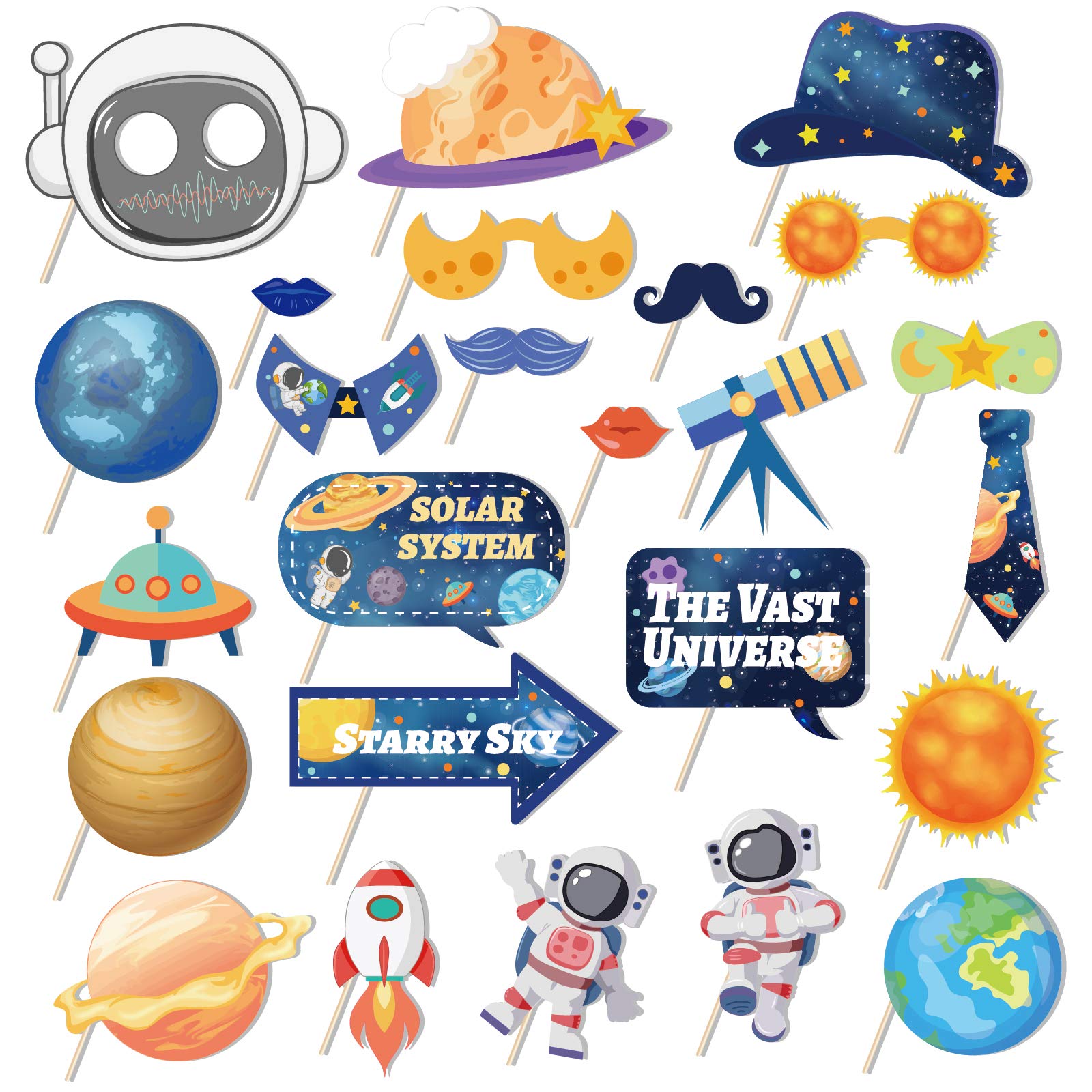 25Ct Space Photo Booth Props with Stick, Outer Space Photo Booth Props, Planet Patterns Photo Booth Props, Galaxy Theme Selfie P