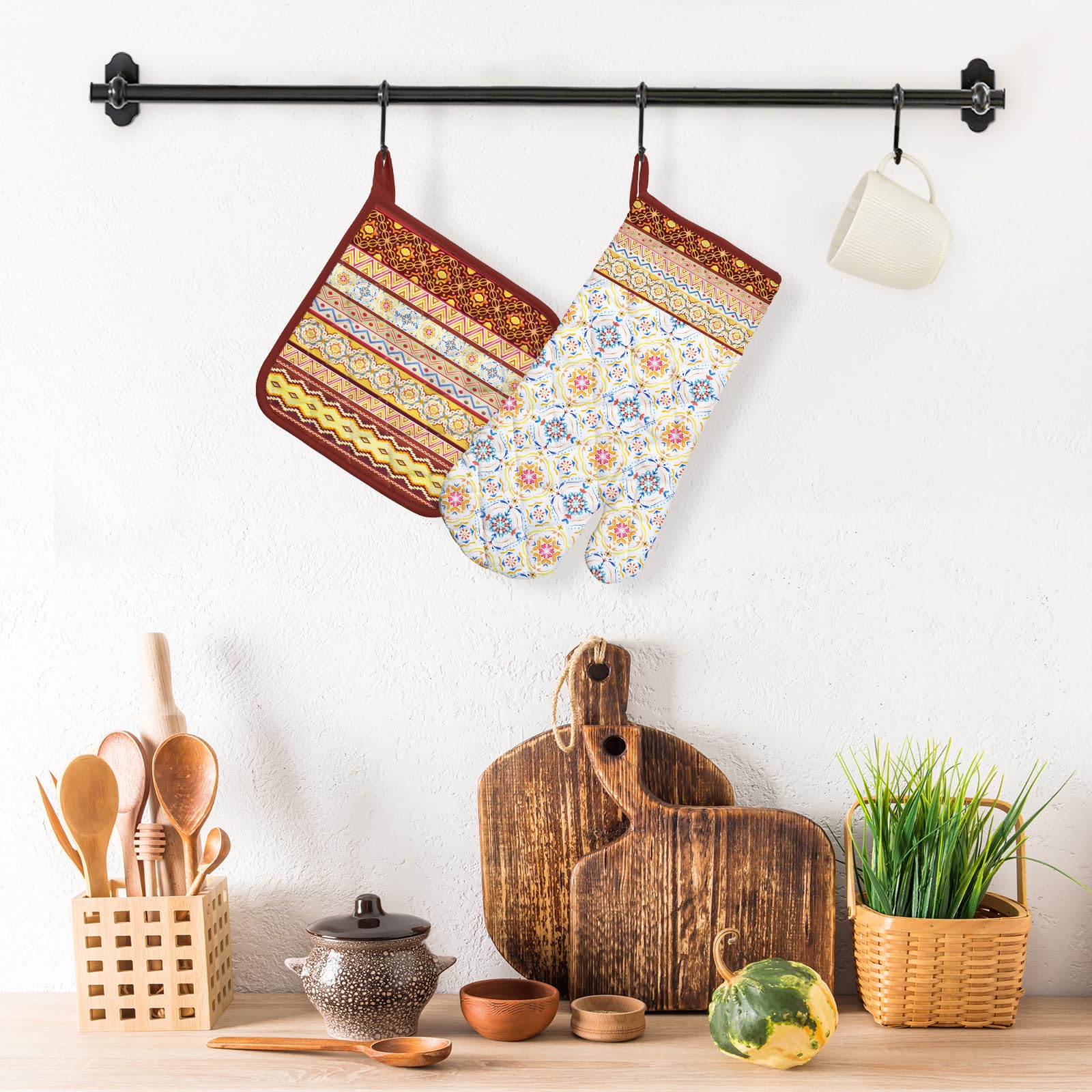 Arquiel Boho Floral Oven Mitts And Pot Holders Sets 2Pcs, 100% Cotton Heat Resistant, Extra Long Oven Gloves Potholder For Kitch