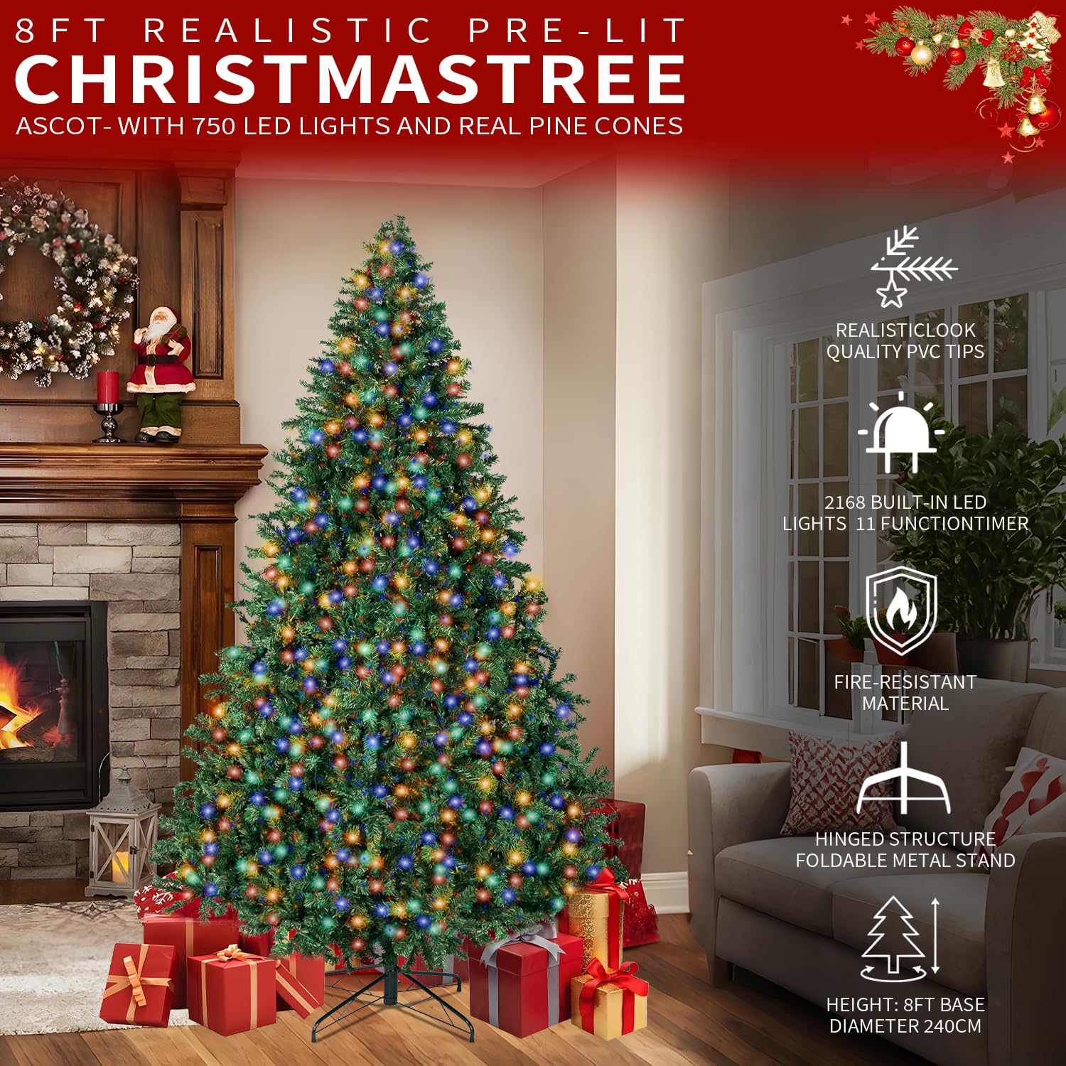 8FT Christmas Tree with Lights,Artificial Christmas Tree with 750 LED Lights and 2168 Branch Tips,Xmas Tree with Foldable Stand
