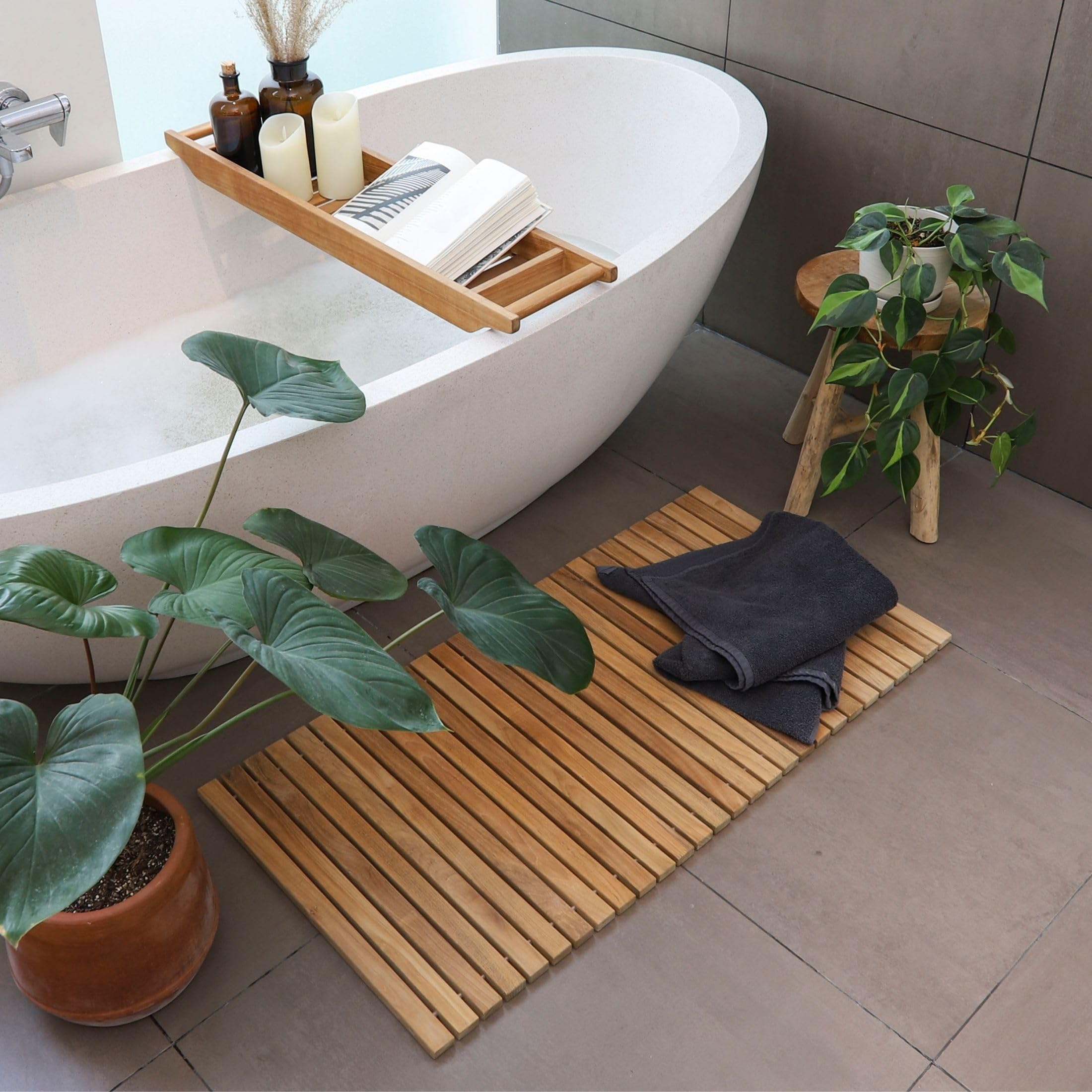 Nordic Style Teak Shower And Bath String Mat - Indoor And Outdoor Use - Non-Slip Wooden Platform For Sauna, Pool, Hot Tub Floori