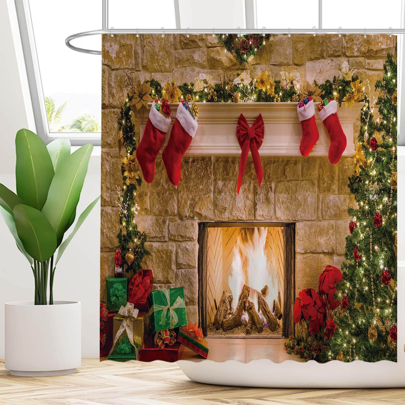 Funnytree 72''X72'' Christmas Fireplace Winter Interior Xmas Tree Stockings Home Shower Curtain For Bathroom Decor Machine Washa