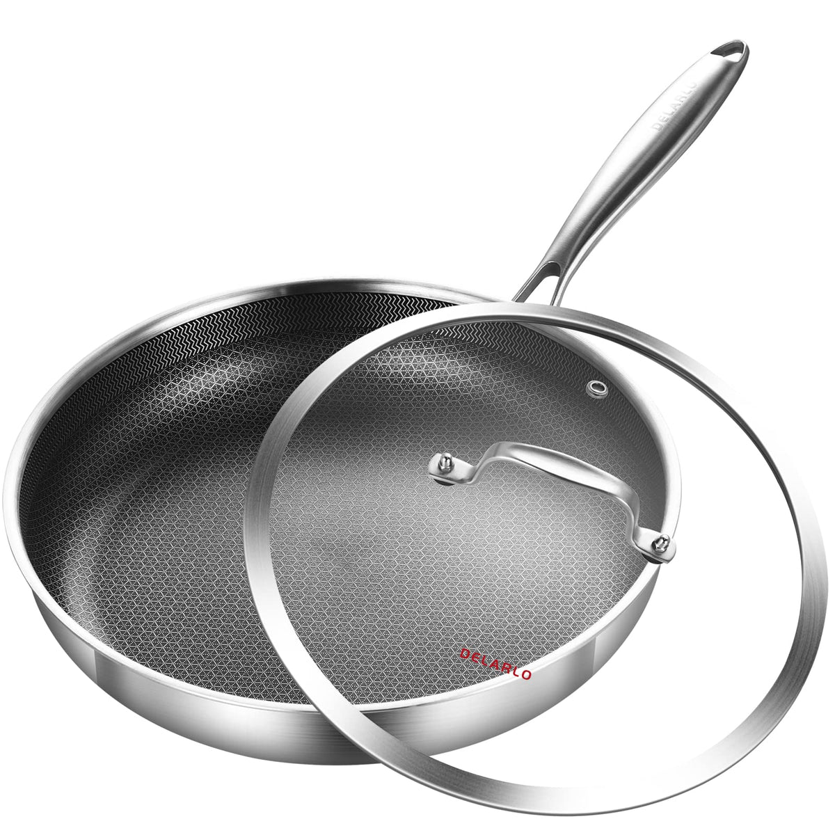 Delarlo Whole Body Tri-Ply Stainless Steel Hybrid 12 Inch Frying Pan With Lid Nonstick, Oven Safe Induction Skillet,Suitable For