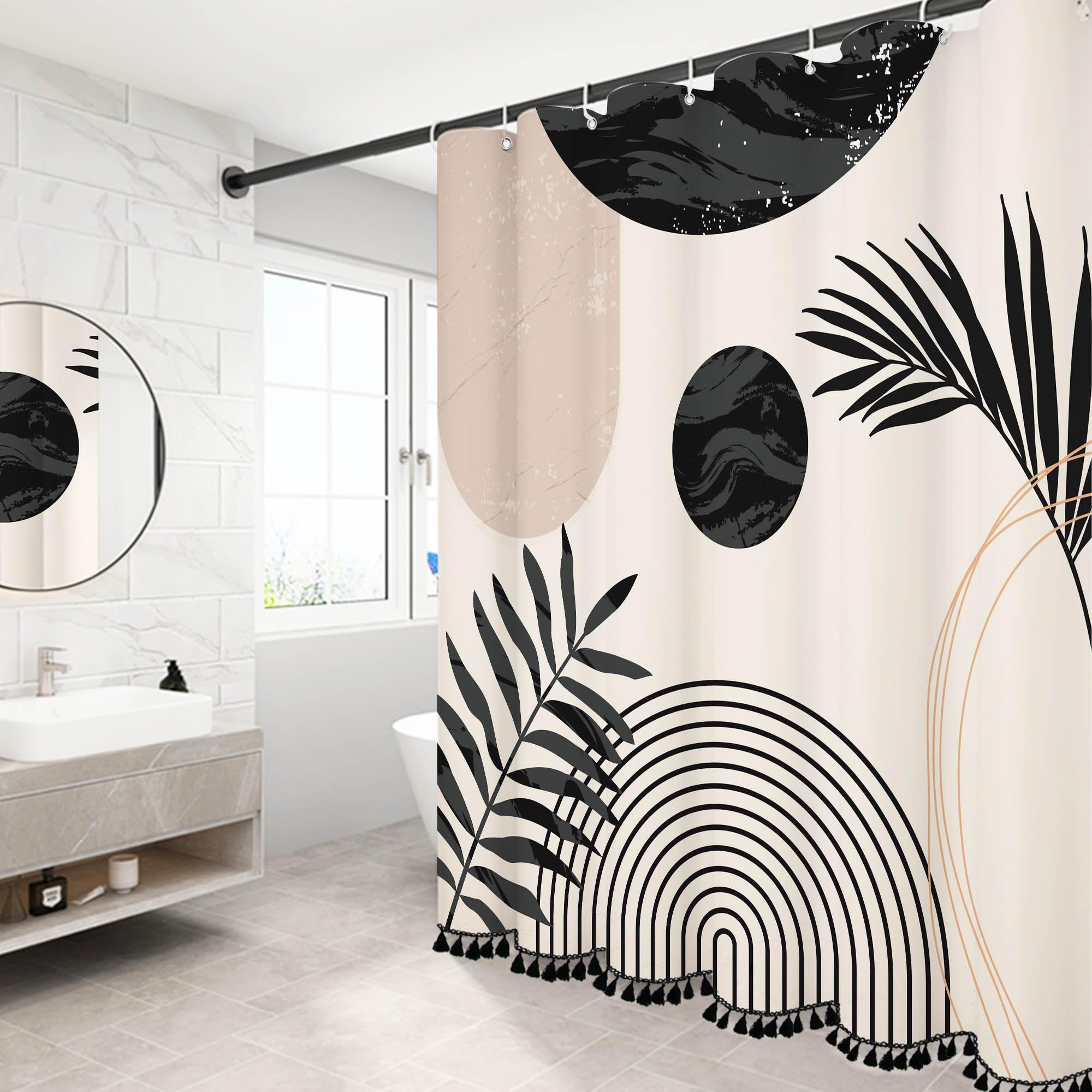 Giumsi 72'' X 78'' Boho Black And White Shower Curtain Sets,Mid-Century Design With Tassel Accents, Waterproof Polyester Bathroo