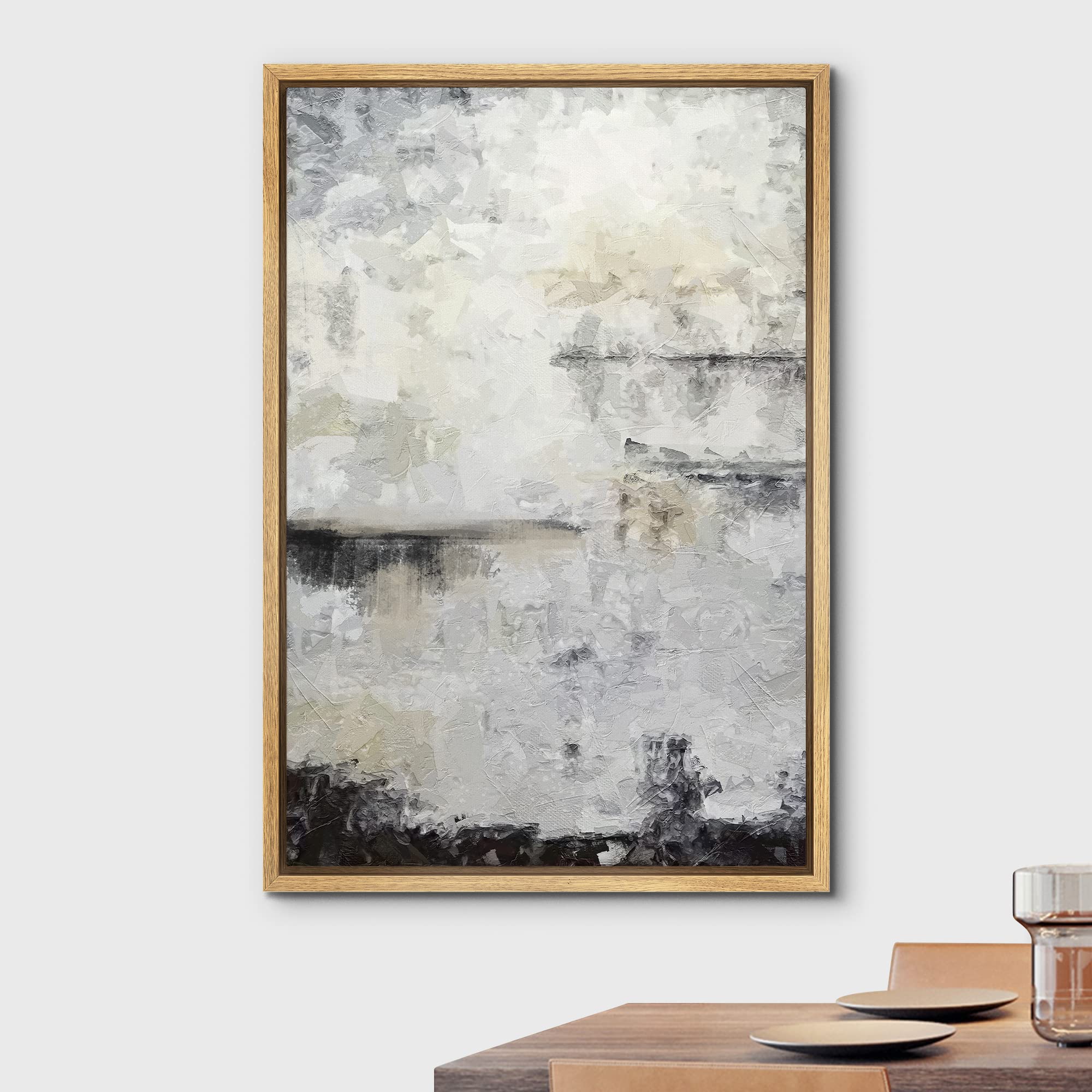 Wall26 Framed Canvas Print Wall Art Black, Gray And Beige Grunge Paint Strokes Abstract Shapes Illustrations Modern Art Boho Rel
