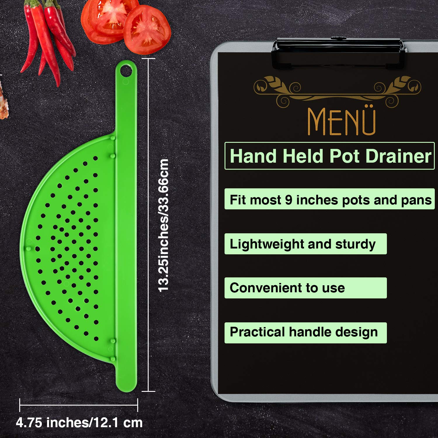 Boao 3-Piece Pot Drainer Set, Green Handheld Strainers for Pasta, Noodles, Fruits & Veggies, Fits Up to 9 Inches, Durable ABS Material
