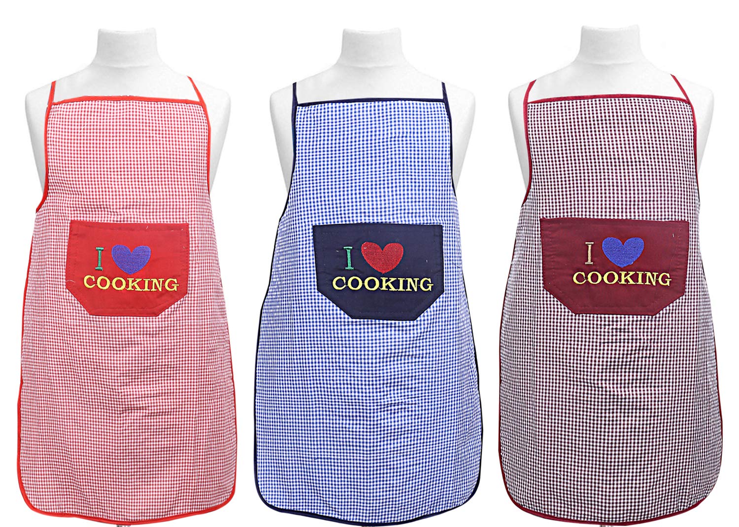 Kuber Industries Checkered Design Cotton 3 Pieces Waterproof Apron With Front Pocket (Red, Blue And Maroon), Ctktc013731