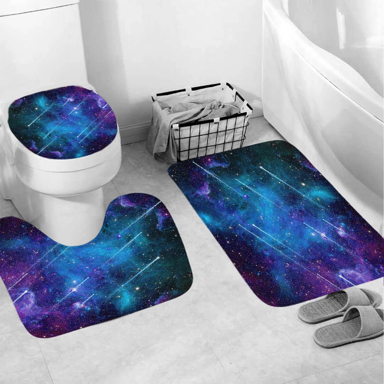 Griekowe 4 Pcs Universe Outer Space Meteor Theme Shower Curtain Sets, Starry Galaxy With Non-Slip Rugs Toilet Lid Cover Bath Mat