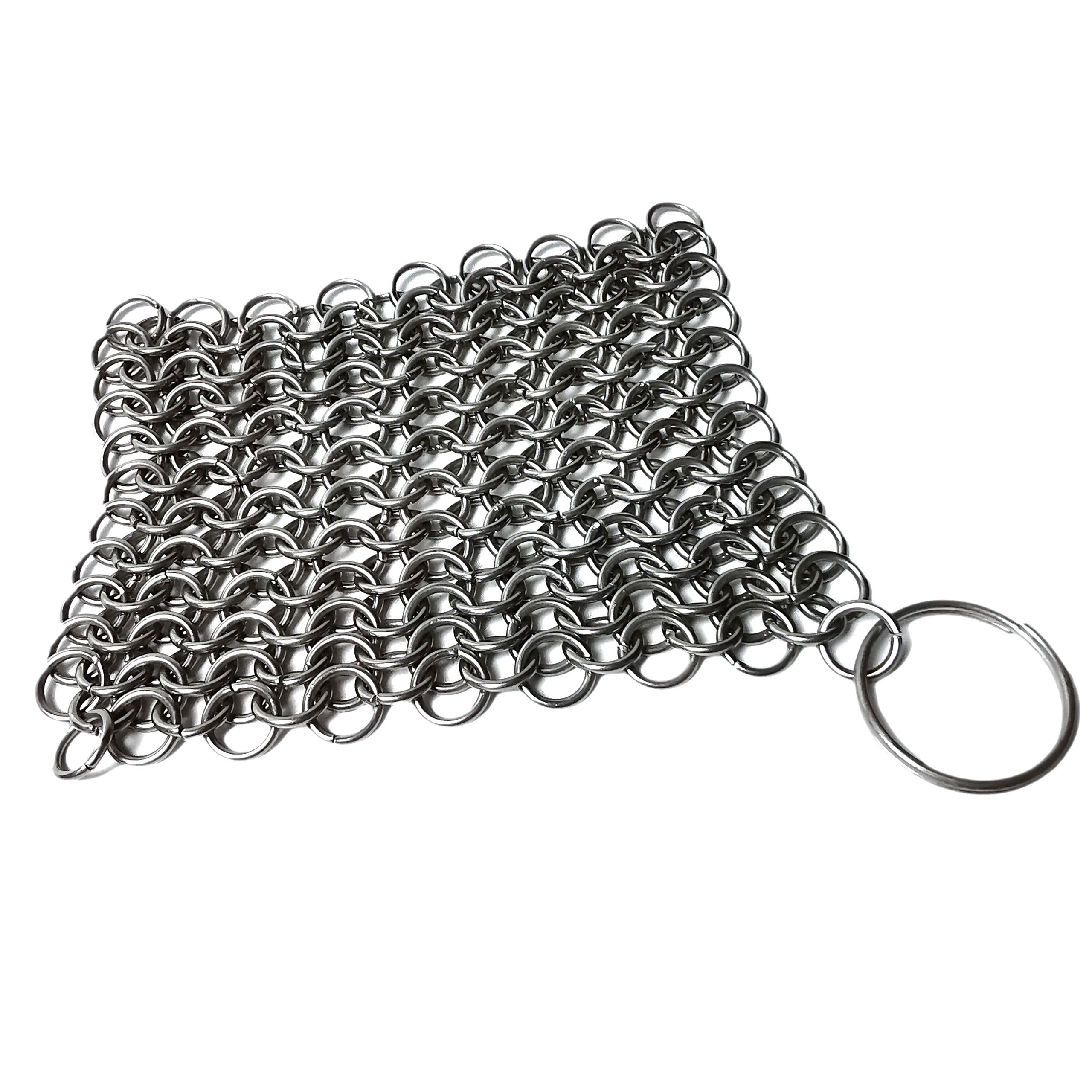 Mythrojan Cast Iron Scrubber - 316 Stainless Steel Chainmail Cleaner 3.9"x3.9" for Pre-Seasoned Pans & BBQ Grills
