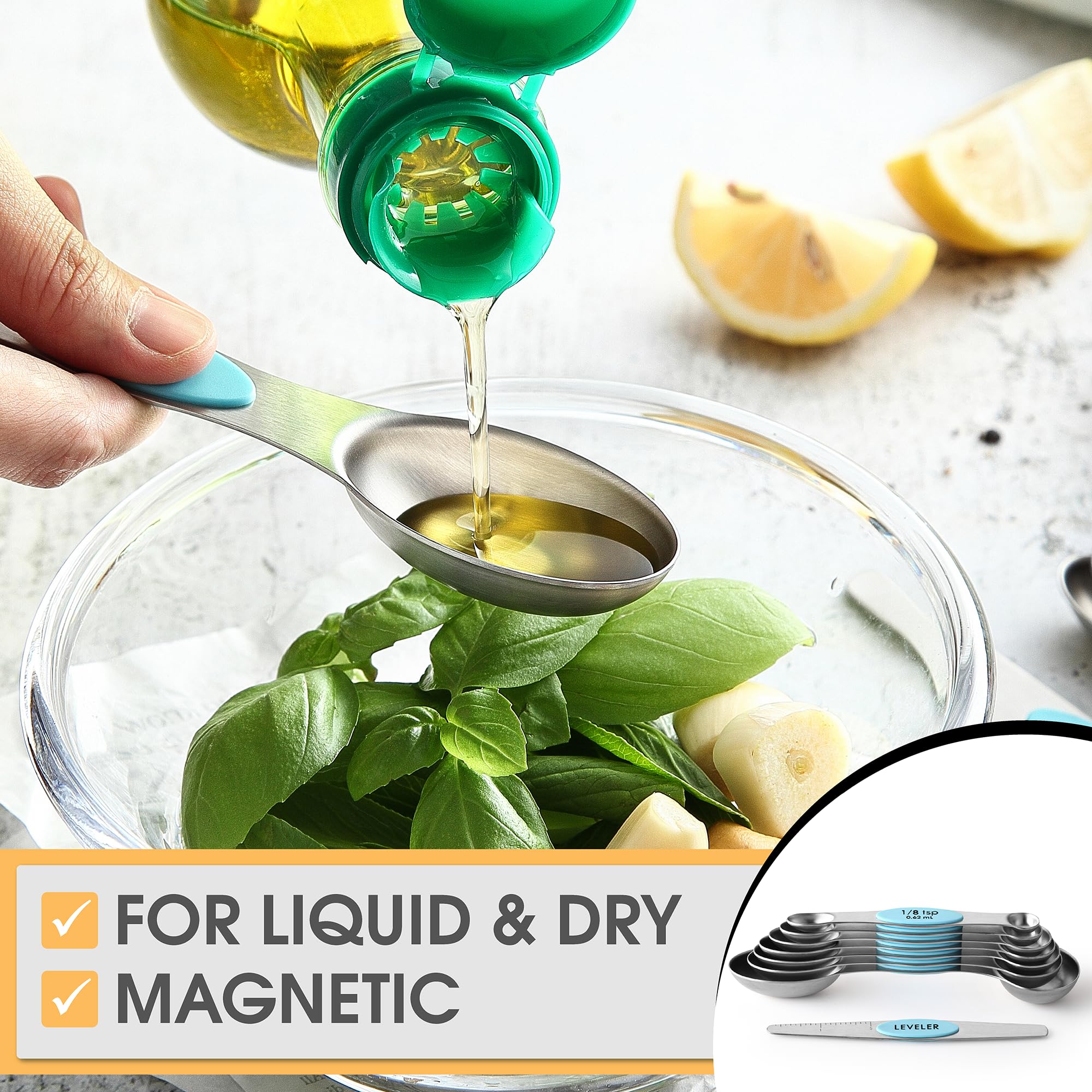 Spring Chef Magnetic Measuring Spoons Set, Dual Sided, Stainless Steel, Fits In Spice Jars, Blue - Aqua Sky, Set Of 8