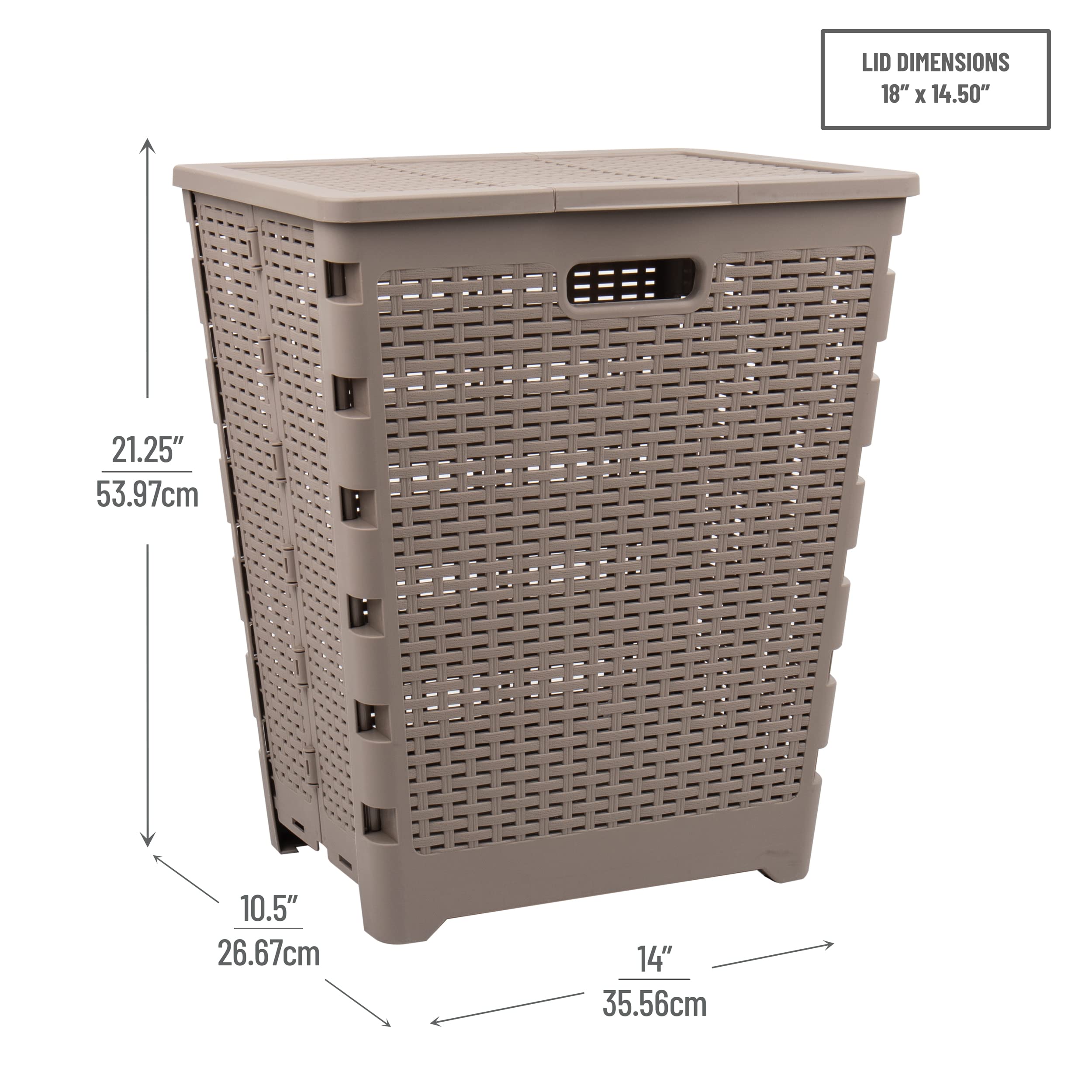 Mind Reader 61L Foldable Laundry Hamper, Clothes Basket, Lid, Wicker Design, Plastic, 18''L X 14.5''W X 21.25''H, Tan
