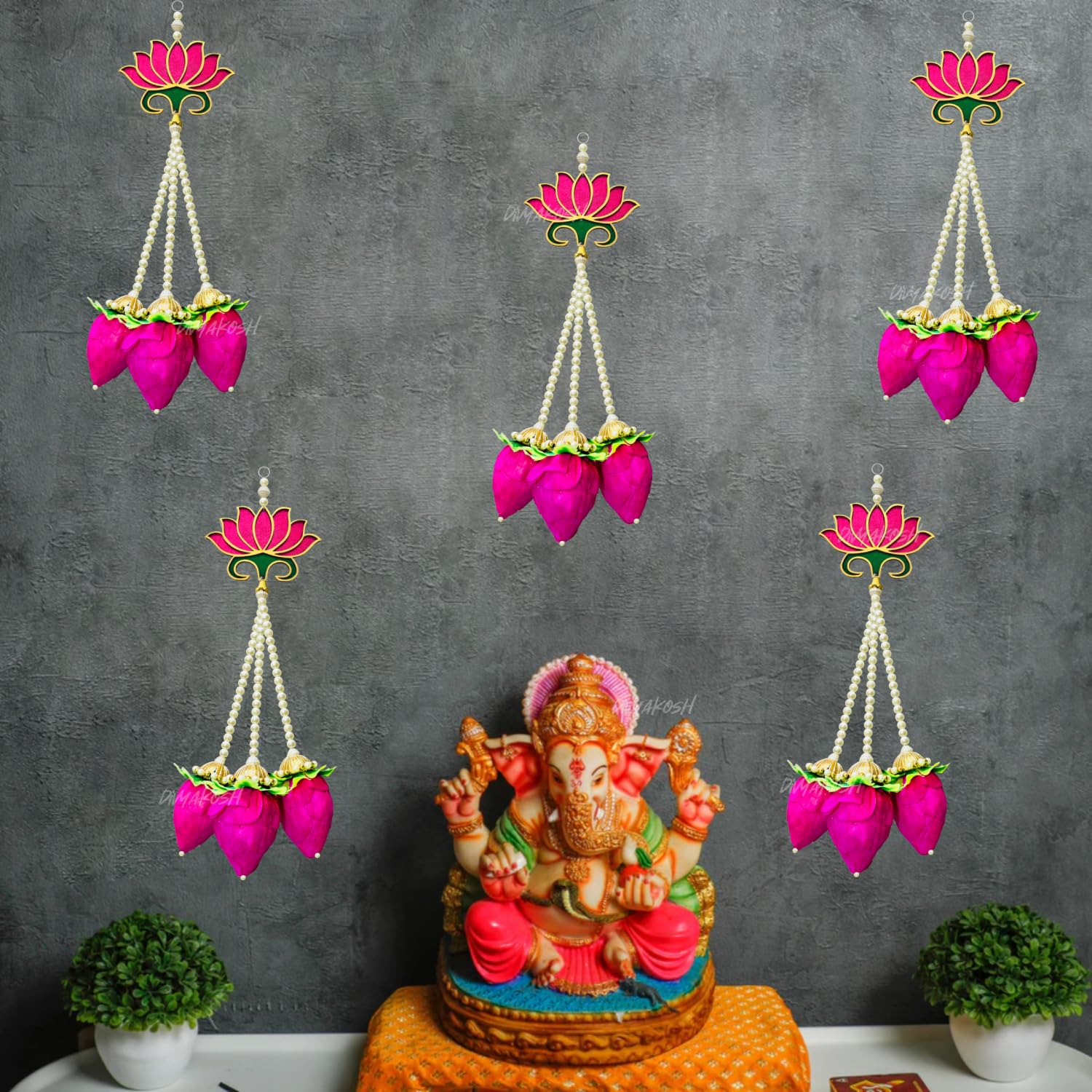 Divyakosh Handmade Lotus Buds Hanging, Pack Of 5, Size 16 Inch, Pooja Room Decoration Items, Solawood Hangings For Mandir, Lotus