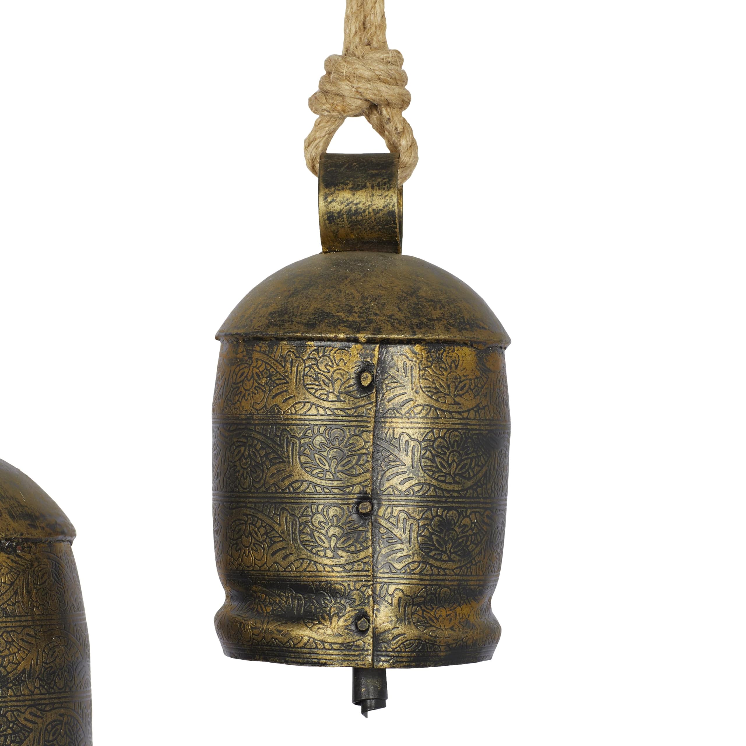 Deco 79 Metal Decorative Cow Bells Tibetan Inspired with Jute Hanging Rope, Set of 3 10,8,6H, Bronze