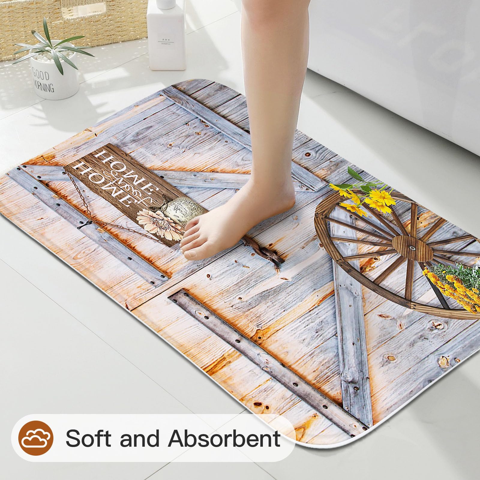 Litabel 4 Pcs Rustic Farmhouse Door Shower Curtain Set With Non-Slip Rugs, Toilet Lid Cover And Bath Mat, Countryside Flowers Ba