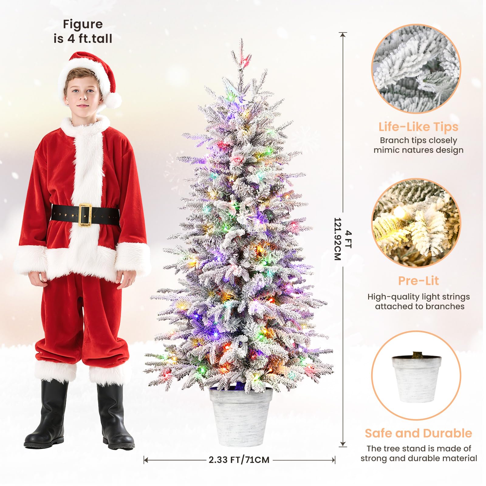 Alupssuc 4ft Snowy Flocked Prelit Artificial Christmas Tree with Multi-Color LED Lights, Norway Spruce - Perfect for Xmas Tablet