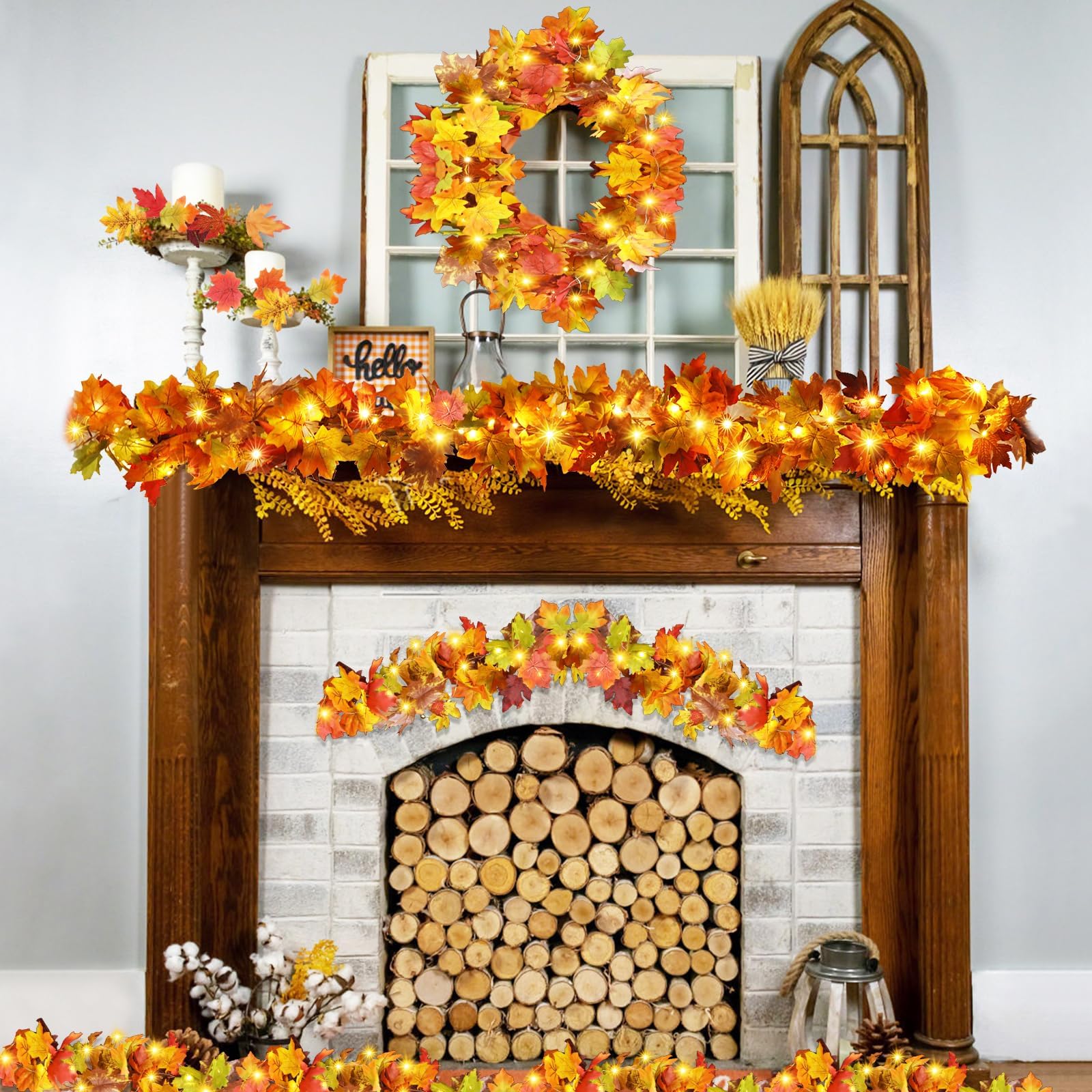 2PCS Fall Garland with Light, Fall Leaves Decor Garland Lights 40 LED Artificial Fall Leaves Autumn Garland Halloween Decoration