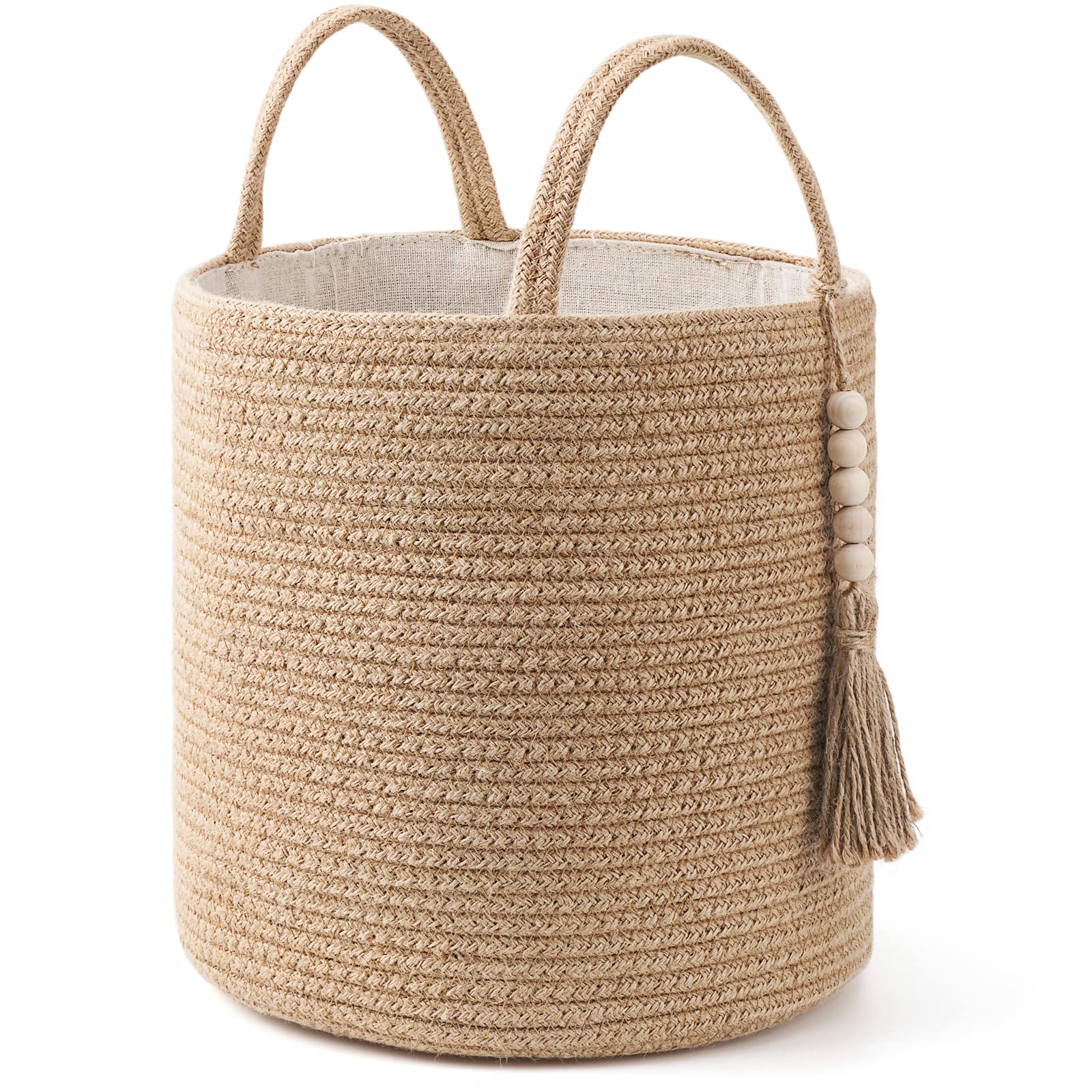 Mkono Woven Storage Basket Decorative Natural Rope Basket Wooden Bead Decoration for Blankets,Toys,Clothes,Shoes,Plant Organizer