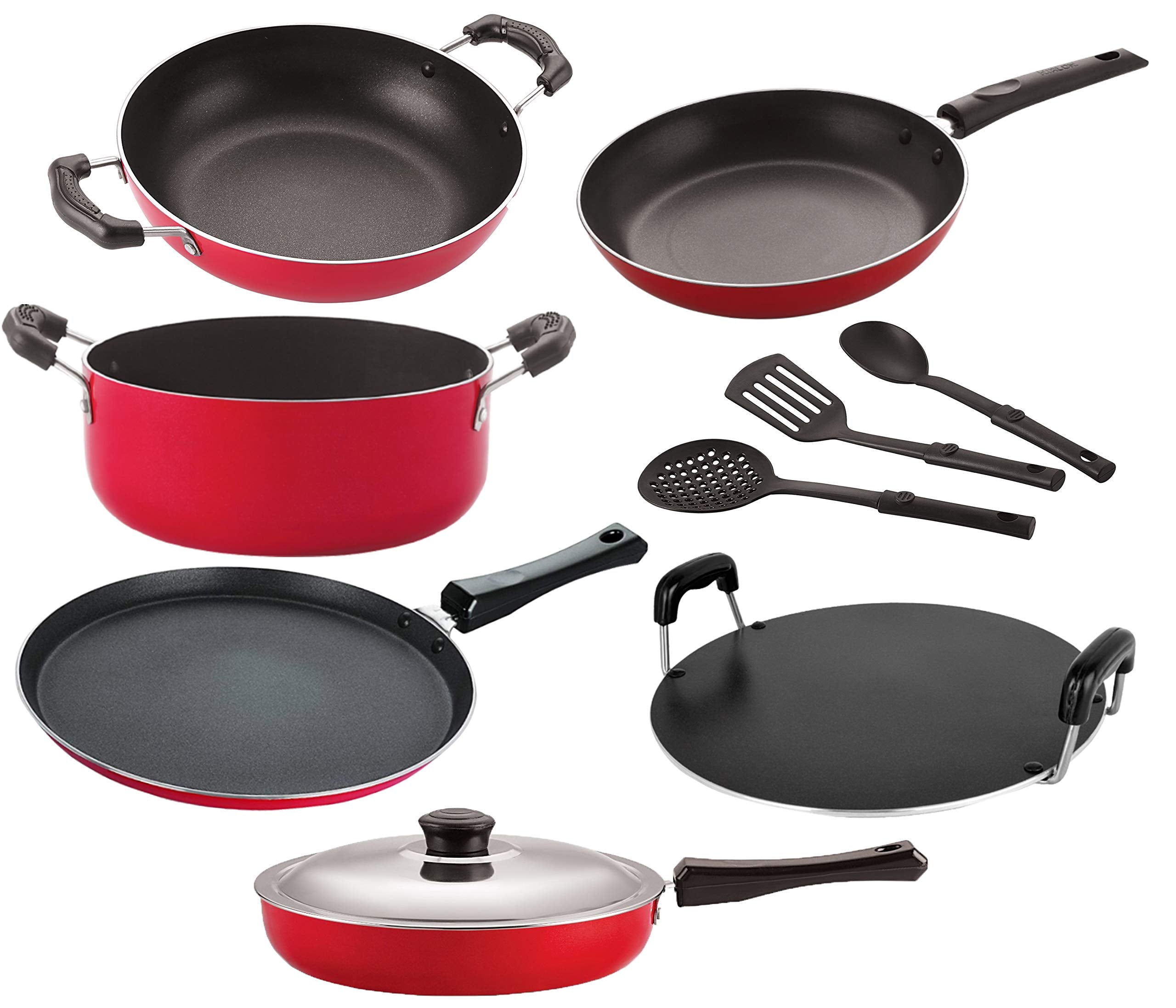 Nirlon NonStick Cookware Kitchen Cooking Essential Combo Set Of 9 Pieces { 26_Ft12_Kd14_Tp_Rt_Cass20_Fp12_3Spn }