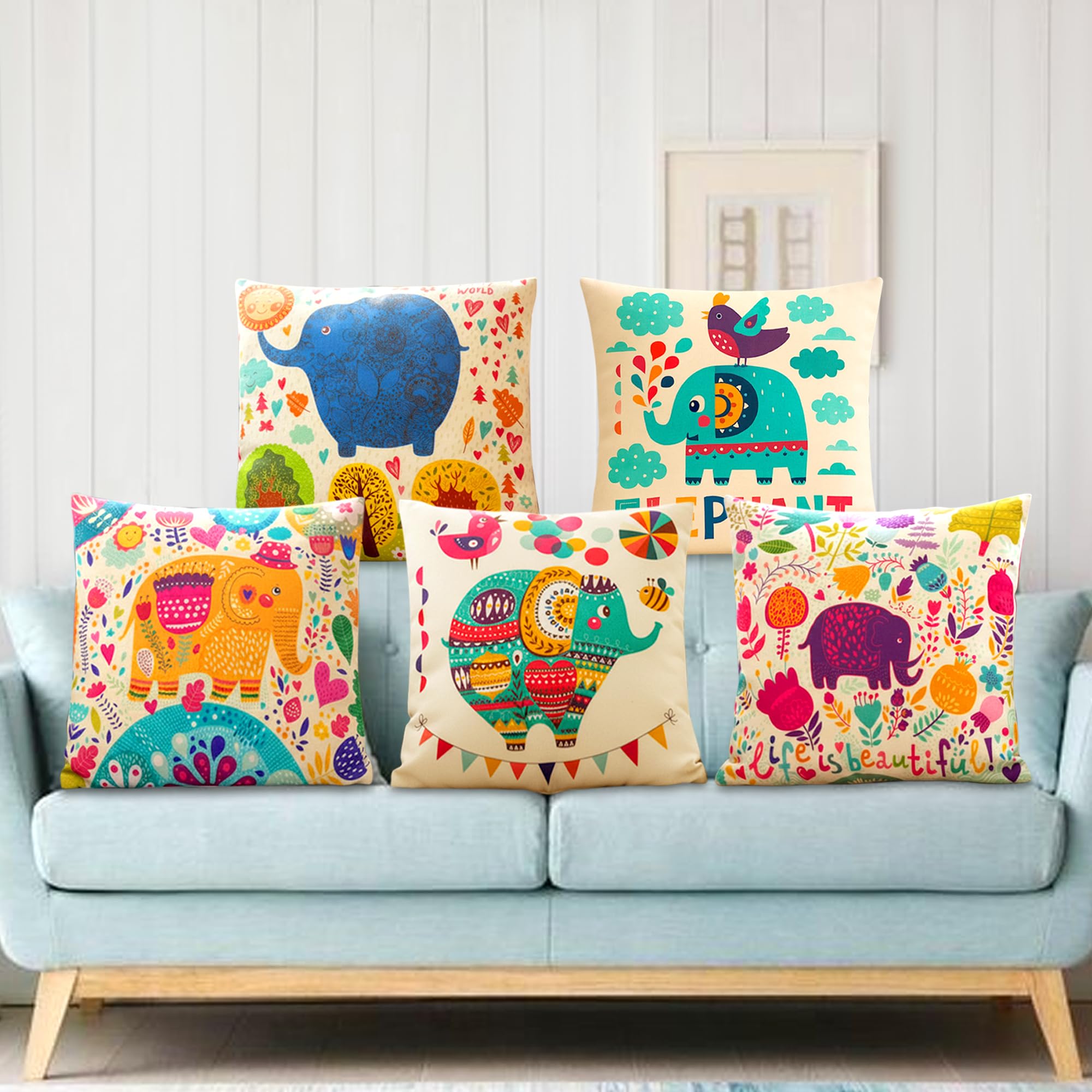Glun Set Of 5 Polycotton Cushion Covers, Multicolour Bohemian Elephant Print, 16 X 16 Inch Size Covers, Playful Cushion Covers F