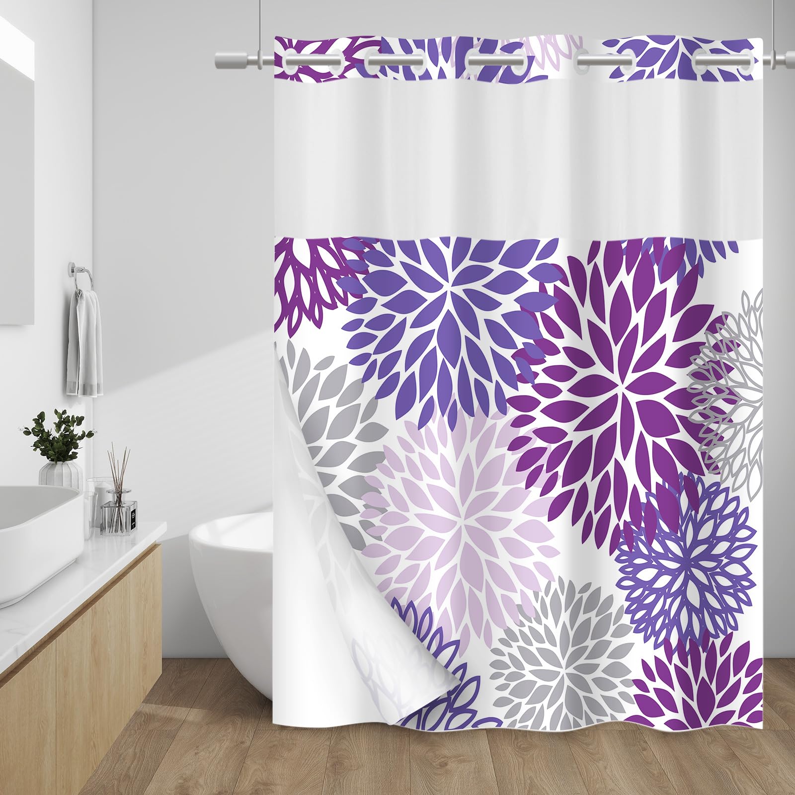 Withloc No Hook Shower Curtain With Snap In Liner - Dahlia Floral Shower Curtain - Fabric Waterproof Inner Liner, Plants Purple