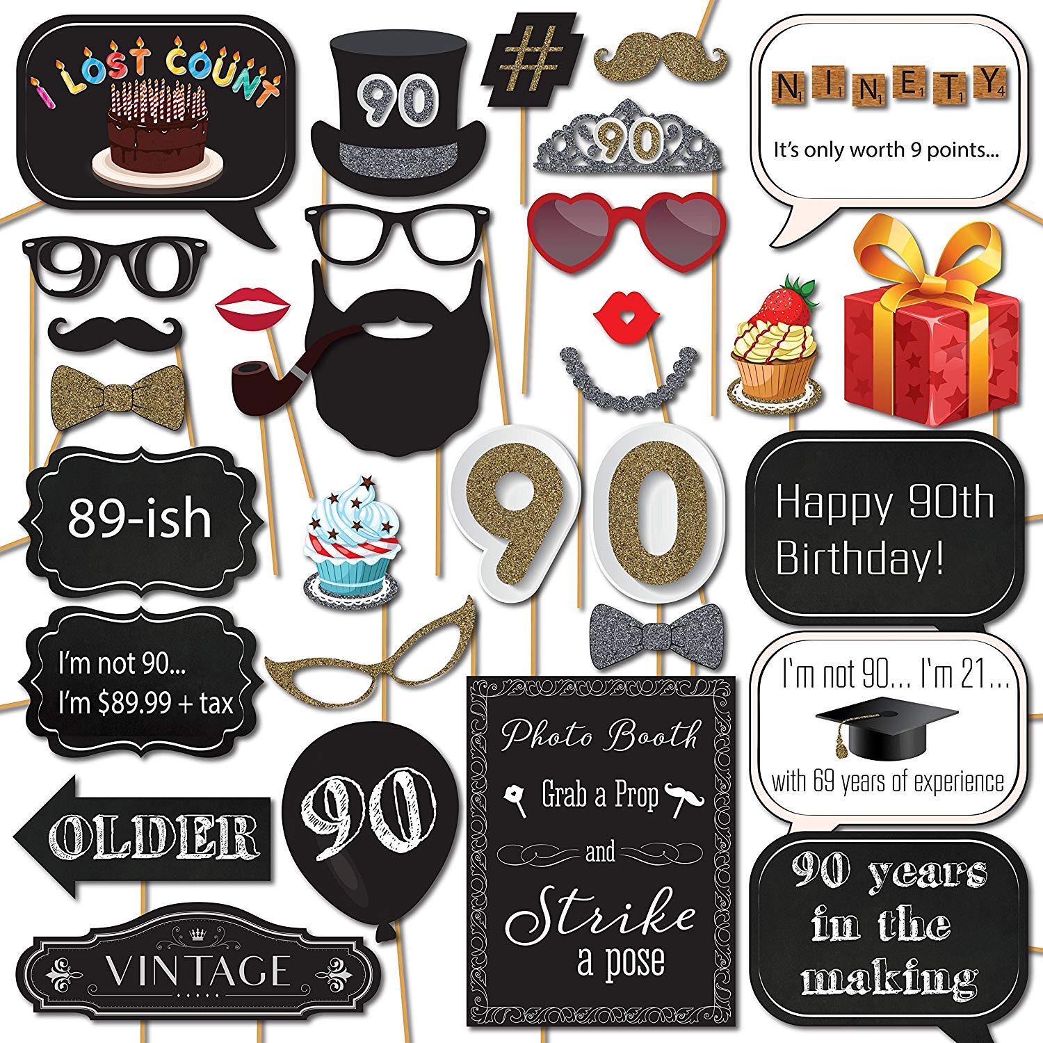 90th Birthday Photo Booth Props with 31 Printed Pieces Wooden Sticks and Strike a Pose Sign by Sunrise Party Supplies
