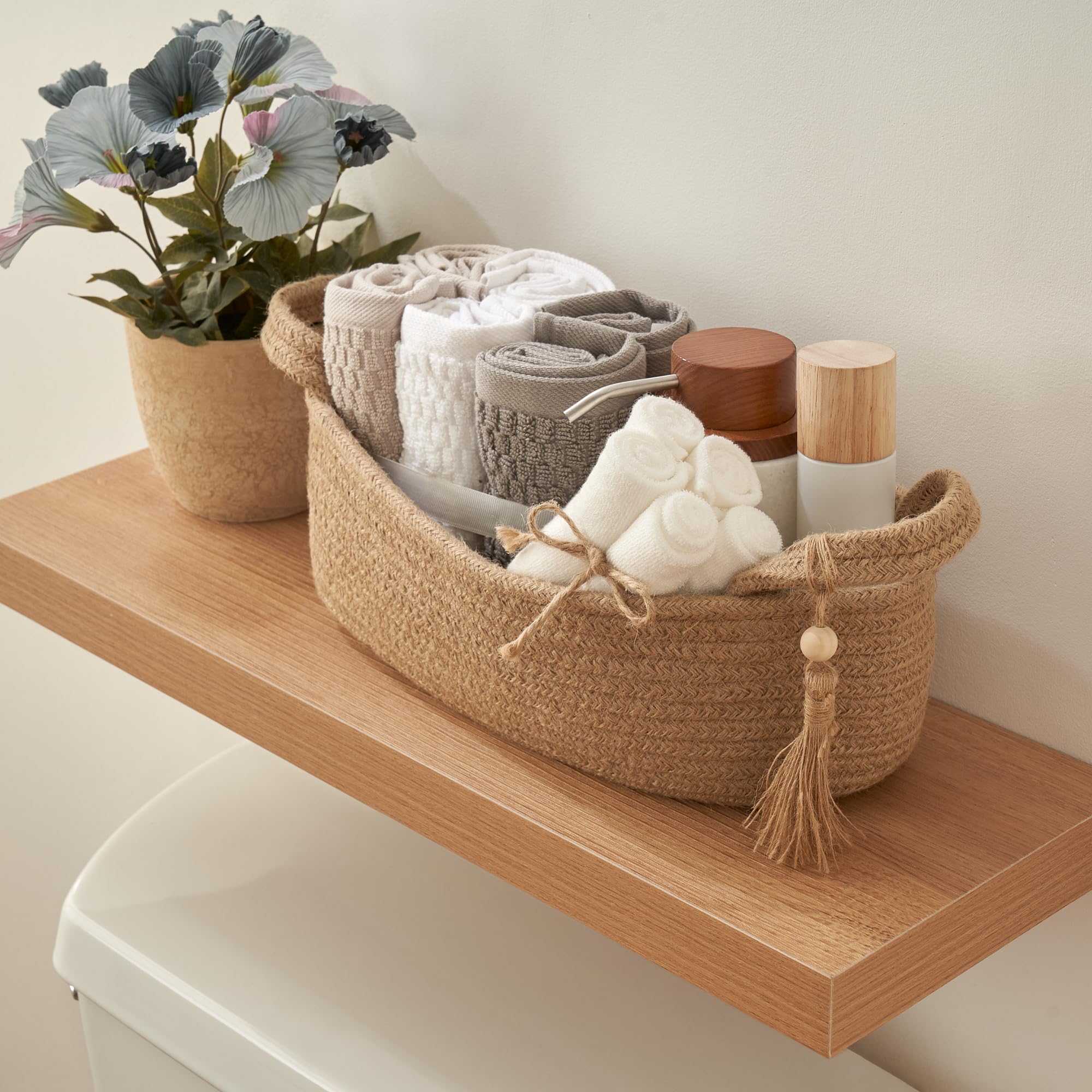 Decorative Toilet Paper Basket - Beautiful Bathroom Organizer for Toilet Tank Storage Decor - Boho Jute Cotton Rope Bin with Tas