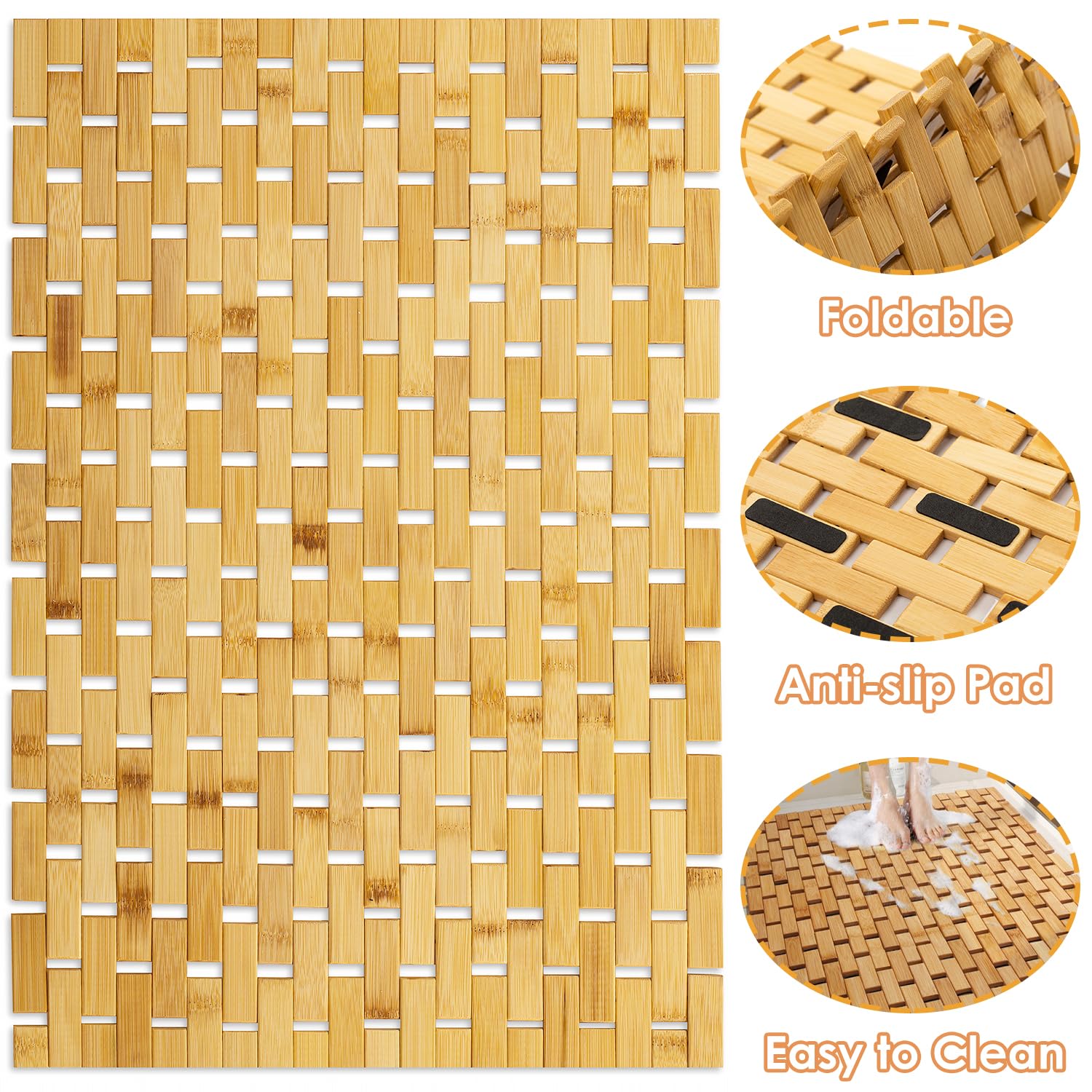 Homdsim Bamboo Bath Mat With Anti Slip Pads,23.6X15.8 Inches Bathroom Shower And Bathtub Floor Mats,Non Slip Water Proof Mat,Ind