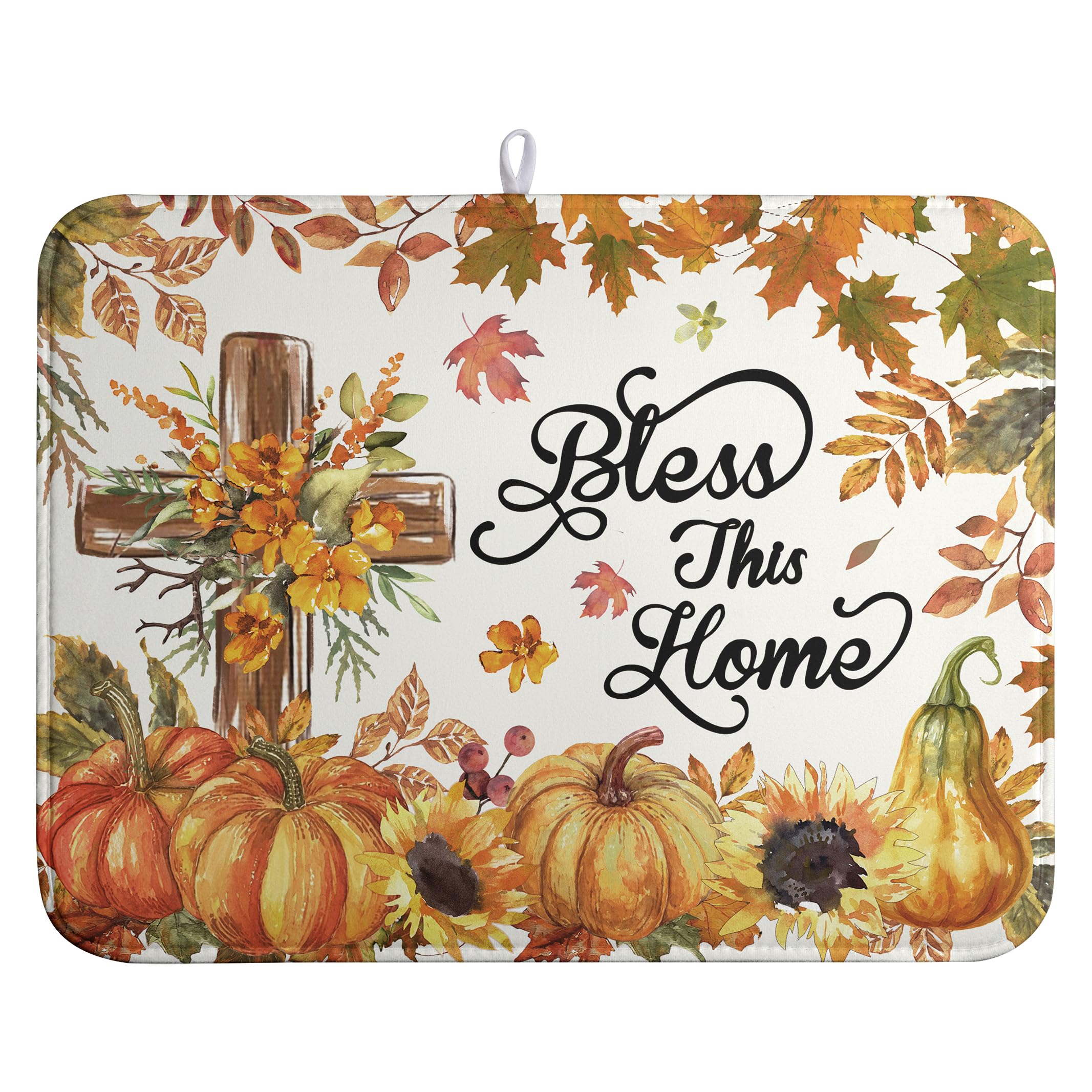 Wnoesat Fall Drying Mat for Kitchen Counter Autumn Thanksgiving Pumpkin Cross Dish Mat Sunflower Maple Leaf Absorbent Microfiber