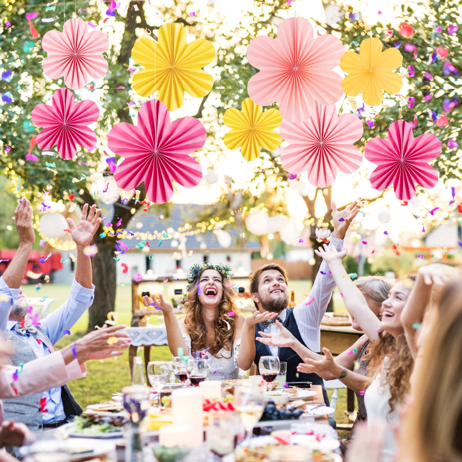 SUNBEAUTY Paper Flowers Decorations for Wall Paper Fans Classroom Decoration Paper Floral Backdrop Decor Paper Fans Decoration Hanging Paper Fans Pink Flower Wall Decor Set of 9