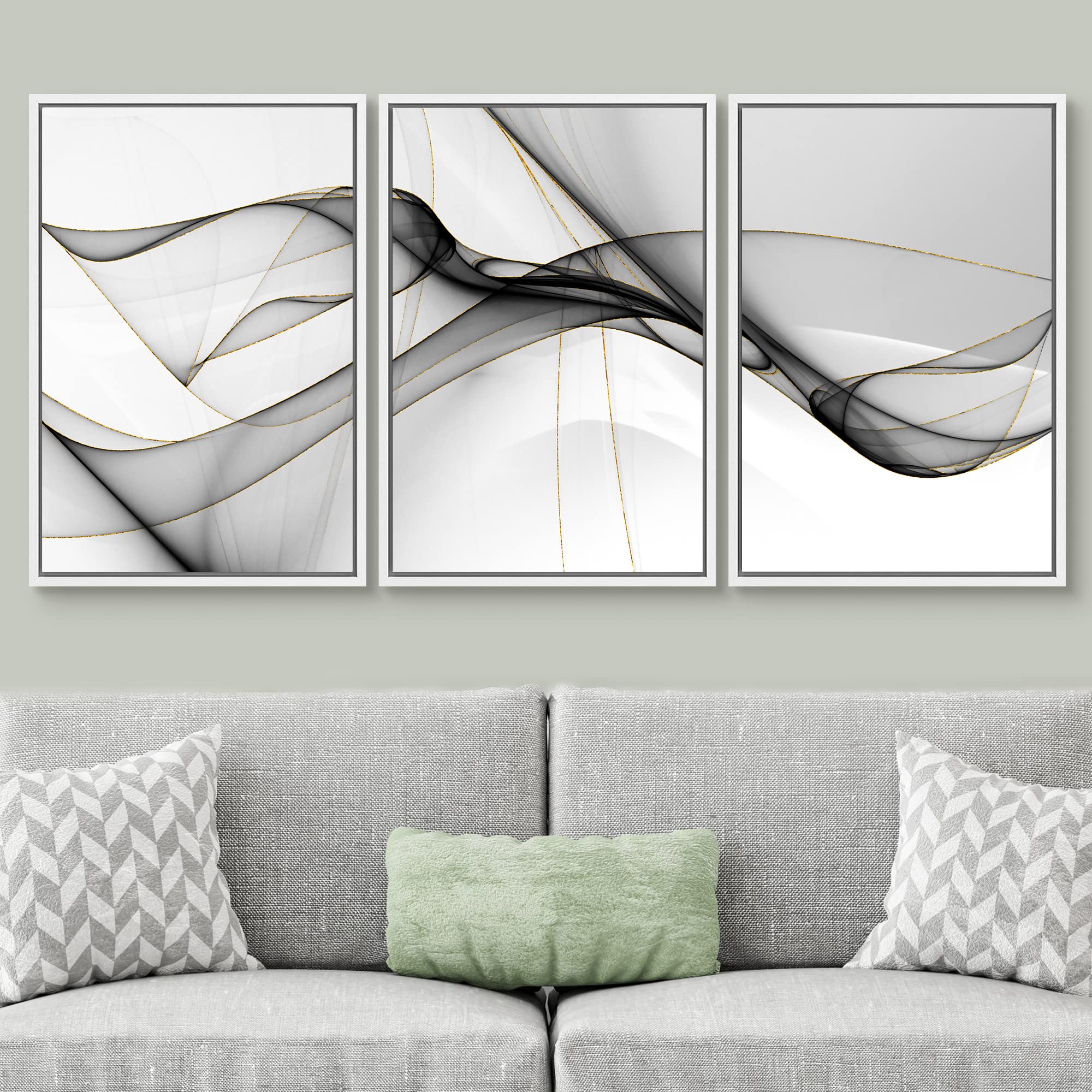 Signwin Framed Canvas Print Wall Art Set Pastel Gray Geometric Smoke Wave Abstract Shapes Illustrations Modern Art Decorative No