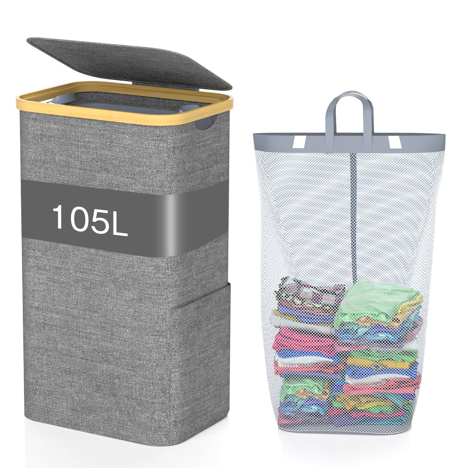 Glowpoint 105L Laundry Basket With Lid, Large Foldable Washing Basket With Removable Inner Bag, Water-Resistant Oxford Laundry H