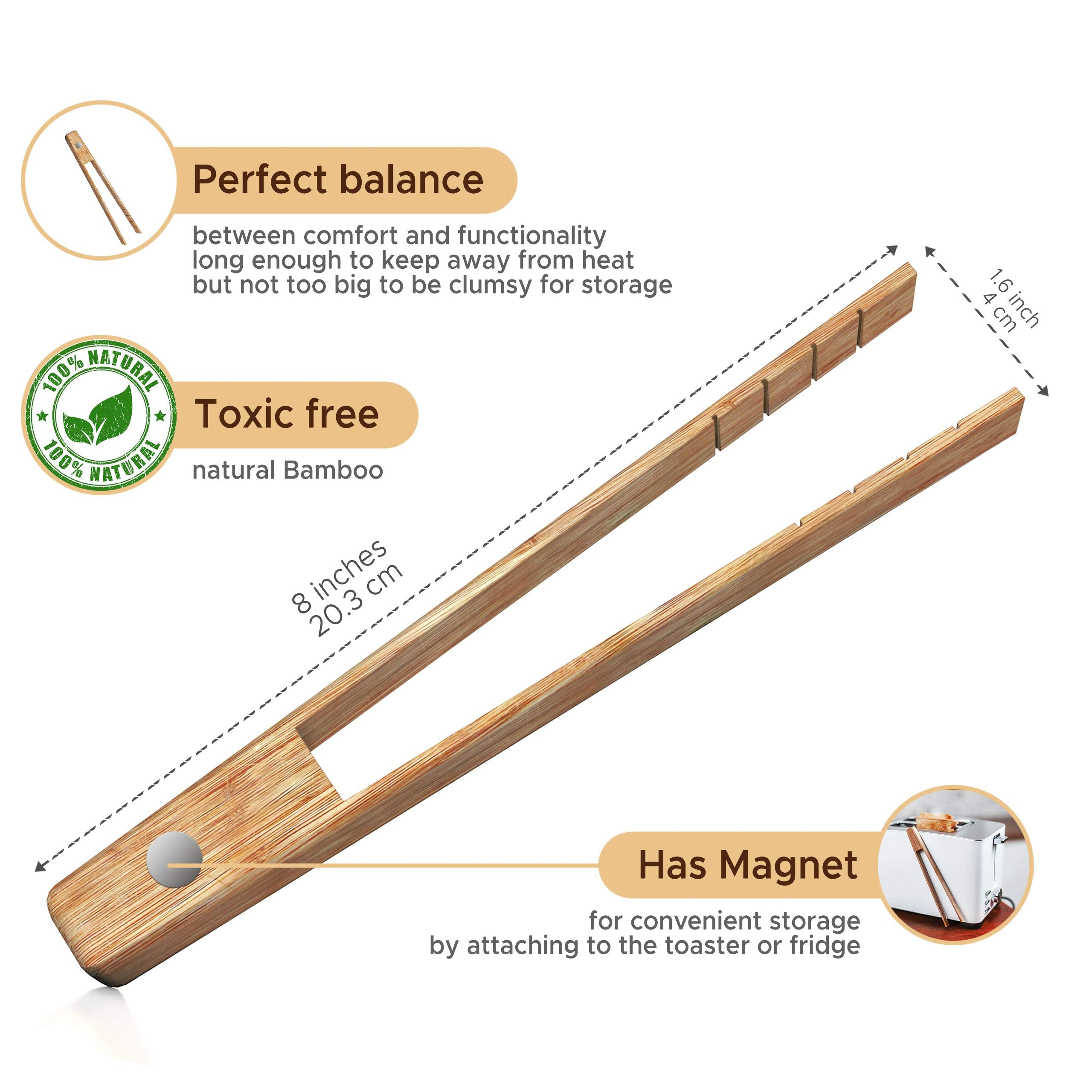 Toaster Tongs With Magnet | Kitchen Utensils For Cooking And Holding Toast Bacon Muffin Bagel Bread | 8 Inch Long Natural Non To