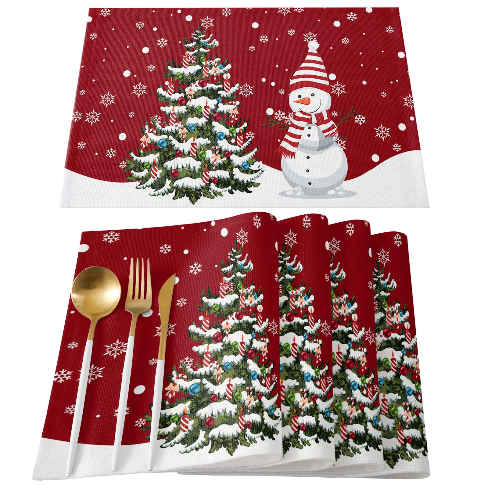 Christmas Placemats Set Of 4,Merry Christmas Snowman Snowflake Xmas Tree Heat-Resistant Placemats For Dining Table,Cotton Linen