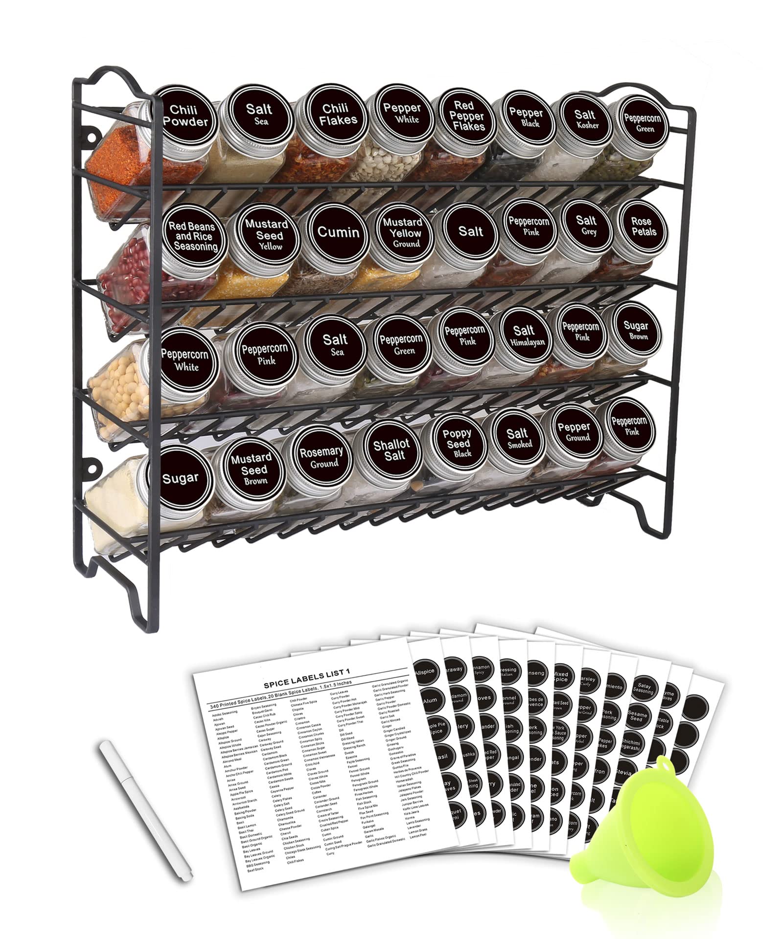 SWOMMOLY Spice Rack Organizer with 32 Glass Spice Jars, 396 Spice Labels, Chalk Marker and Funnel Complete Set, for Cabinet, Cou