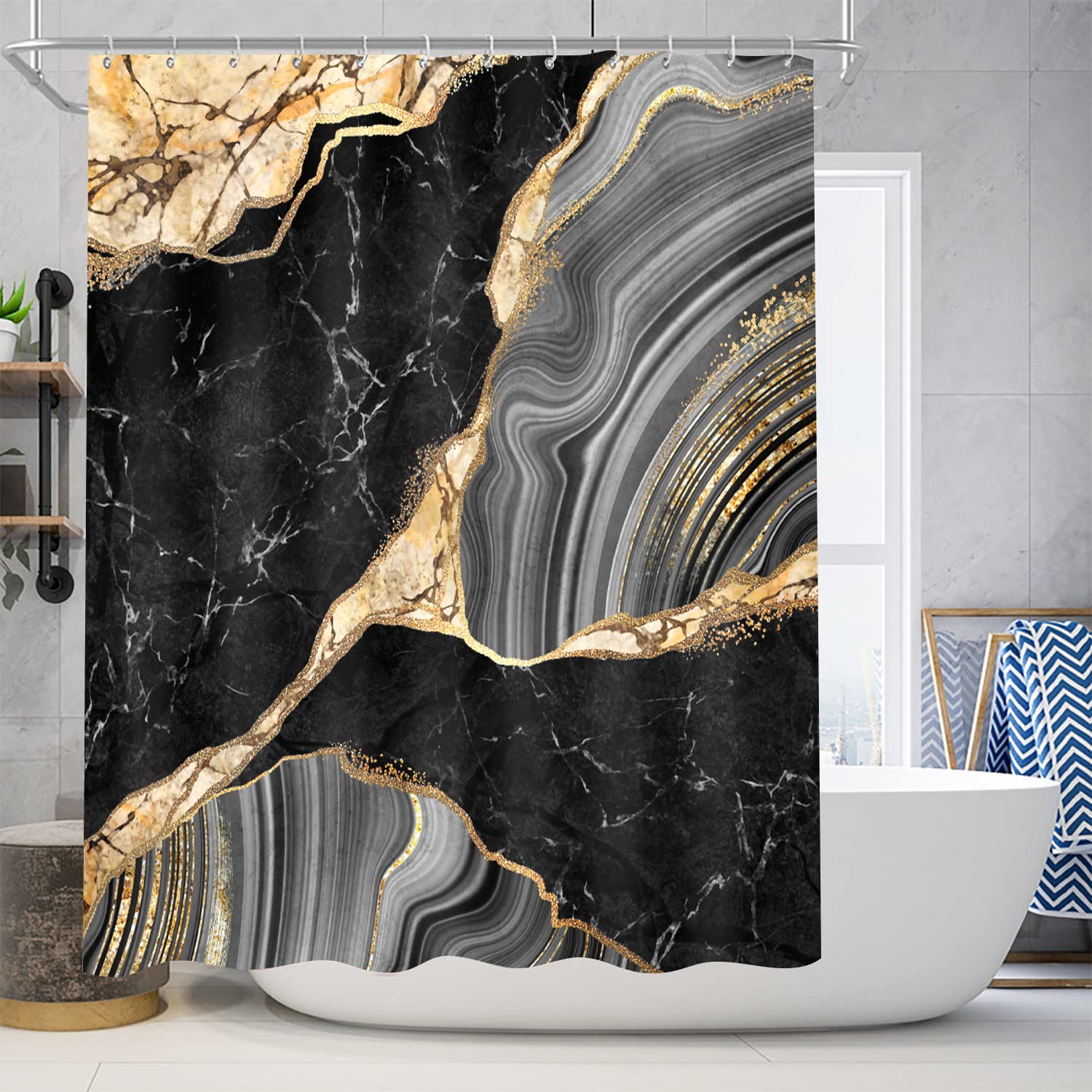 Nkzply 4 Pcs Black Marble Shower Curtain Sets With Rugs Gold Bathroom Sets With Shower Curtain And Rugs Modern Abstract Grey Bat
