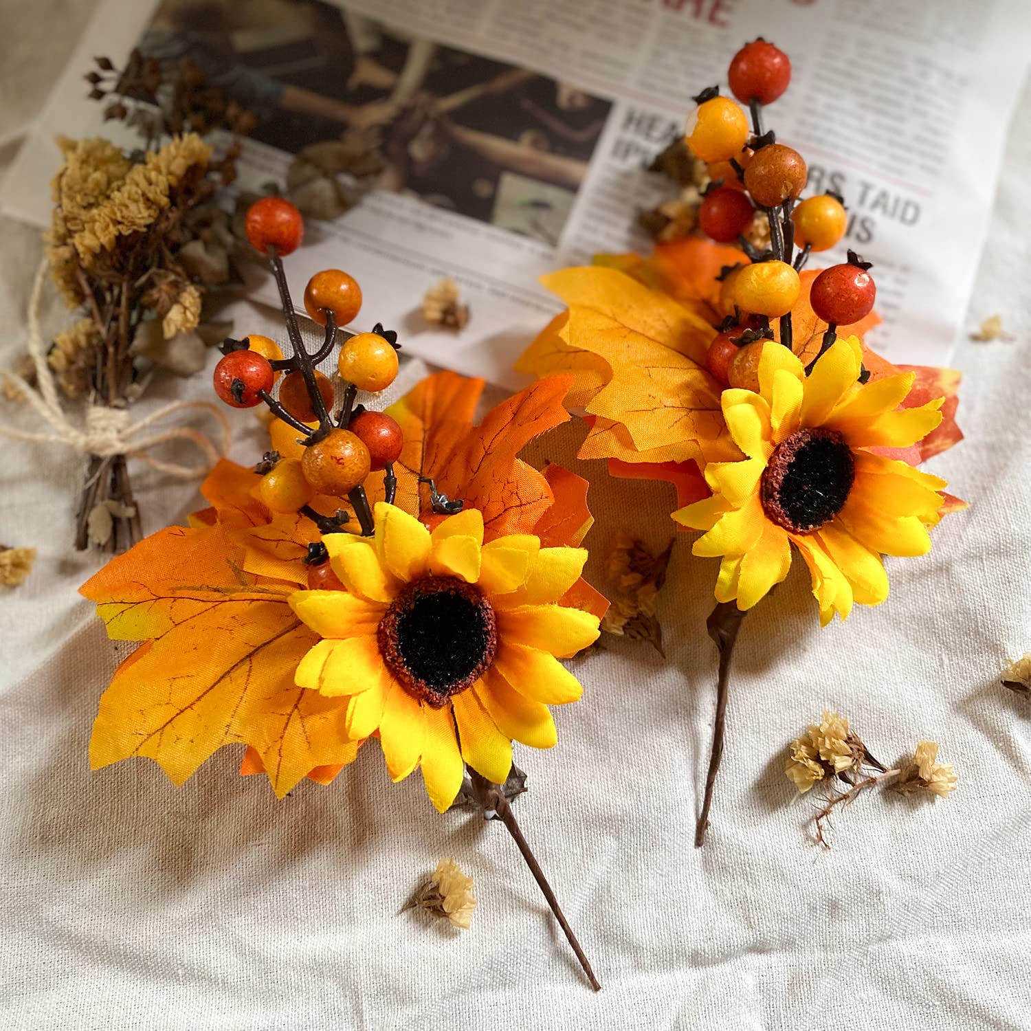Adurself 6 Pack Fall Stems Artificial Berry Picks Fall Picks with Sunflowers Maple Leaves Branches Decorations for Harvest Autum