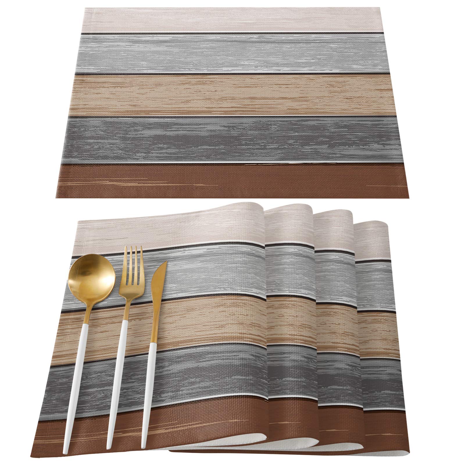 Vandarllin Placemats Set Of 4, Retro Rustic Barn Wood Texture Polyester Stain Resistant Table Mats Washable Placemat Decoration