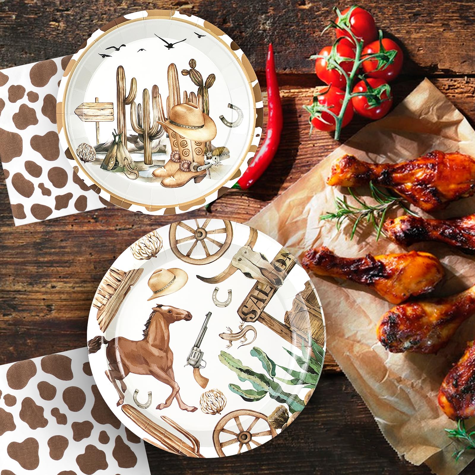 180Pcs Cowboy Party Supplies Serve 60, Western Party Paper Plates And Napkins Kit For Wild West Cowboy Rodeo Birthday Baby Showe