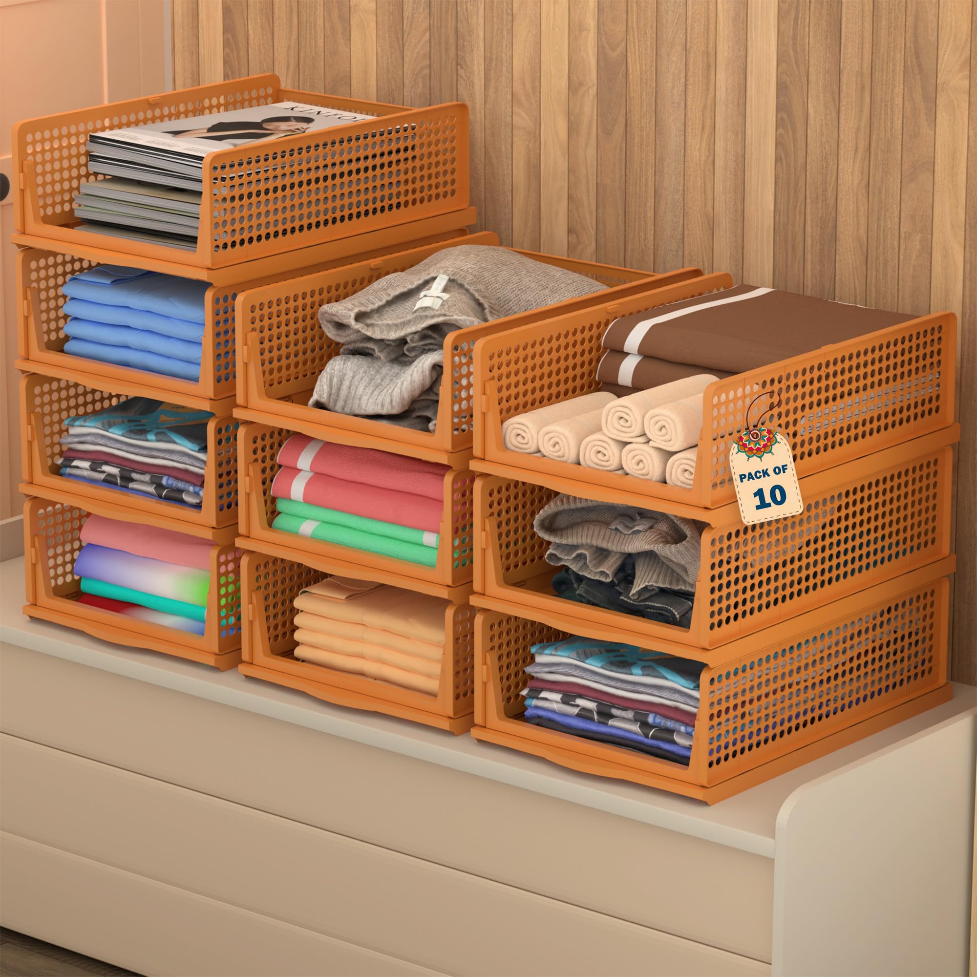 Kuber Industries Pack Of 10 Plastic Stackable Cloth Organizer For Storage | Foldable Clothes Rack For Wardrobe | Almirah & Cupbo