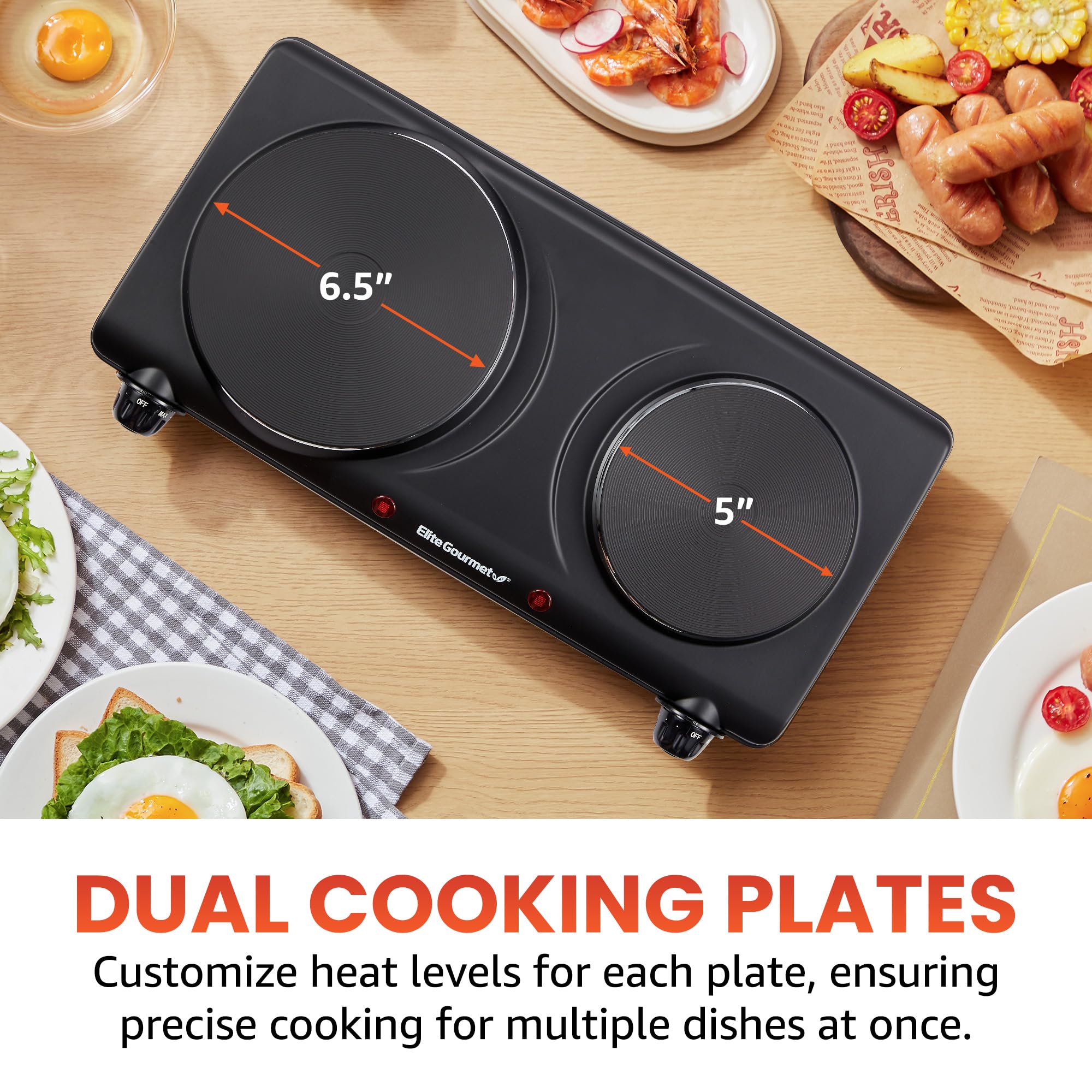 Elite Gourmet Double Cast Iron Burner, 1500W Electric Hot Plate, Temperature Control, Black, Model EDB-302BF#