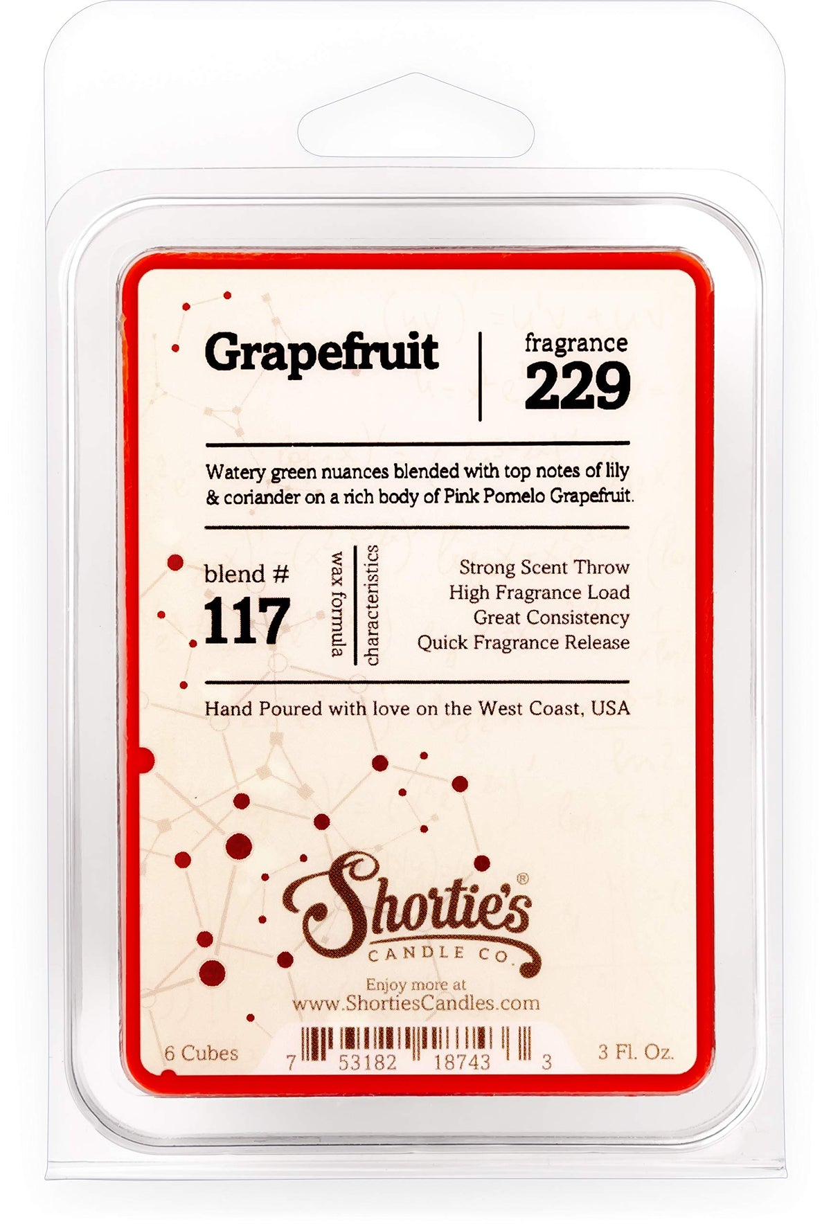 Shortie's Candle Company Grapefruit Wax Melts - Formula 117-1 Highly Scented 3 Oz. Bar - Made with Essential & Natural Oils - Fr